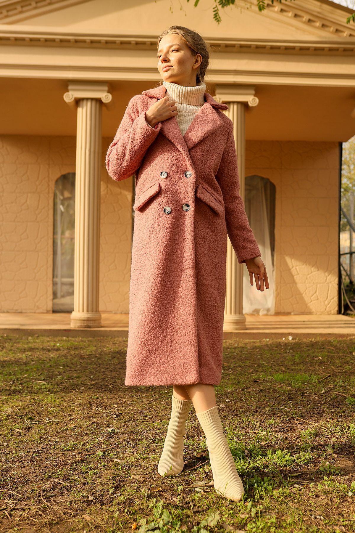 Gül Kurusu Çift Düğme Cep Kapaklı Buklet Kaban 7266A - 7