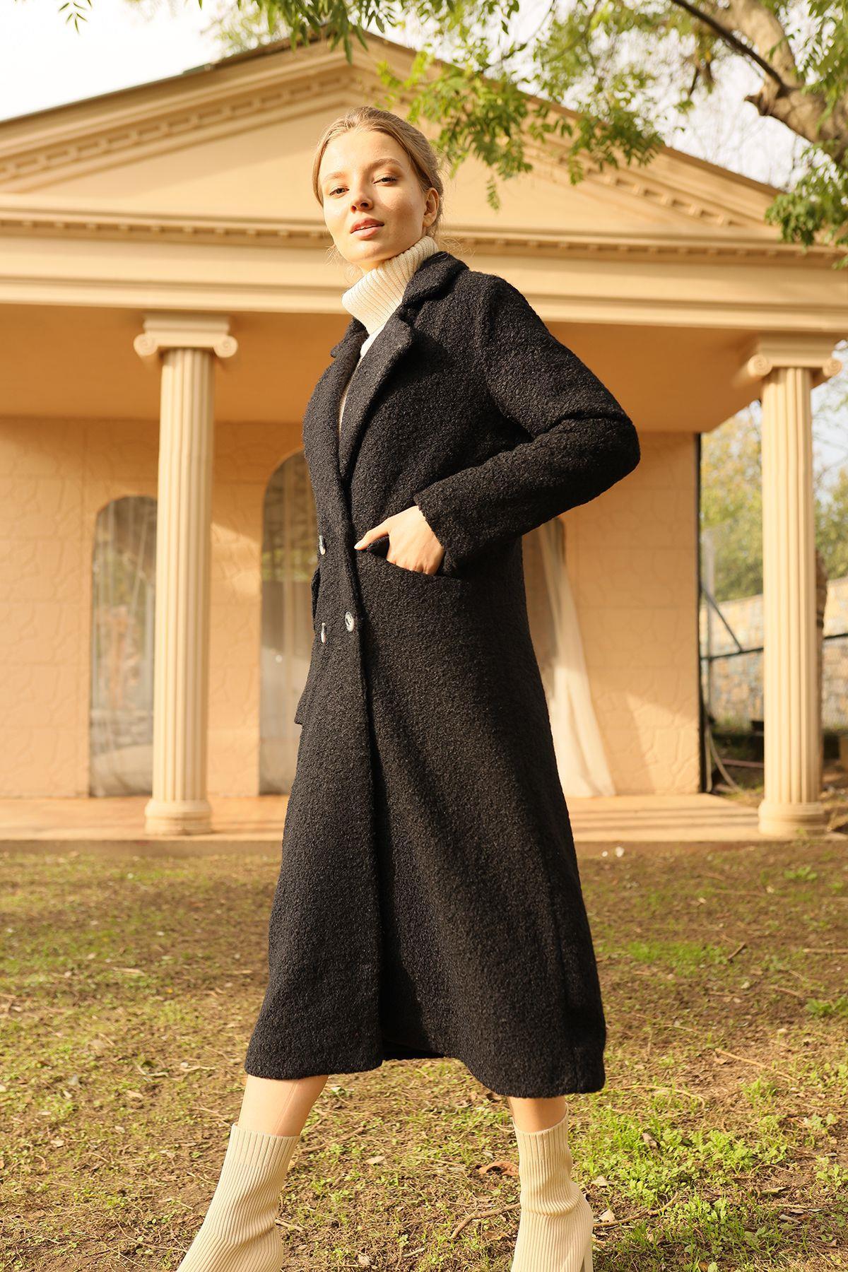 7266A Çift Düğme Cep Kapaklı Buklet Kaban Siyah - 1