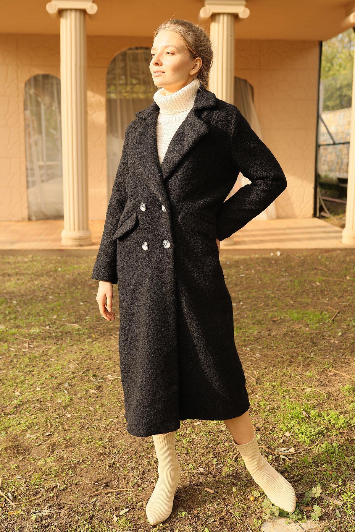 7266A Çift Düğme Cep Kapaklı Buklet Kaban Siyah - 2