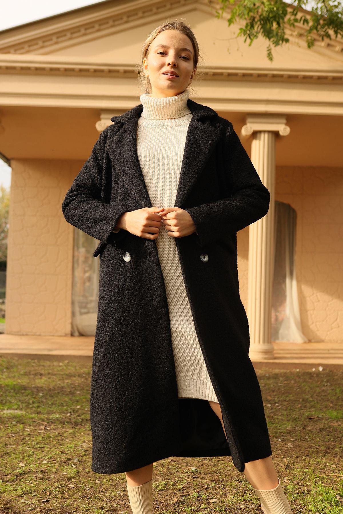 7266A Çift Düğme Cep Kapaklı Buklet Kaban Siyah - 5