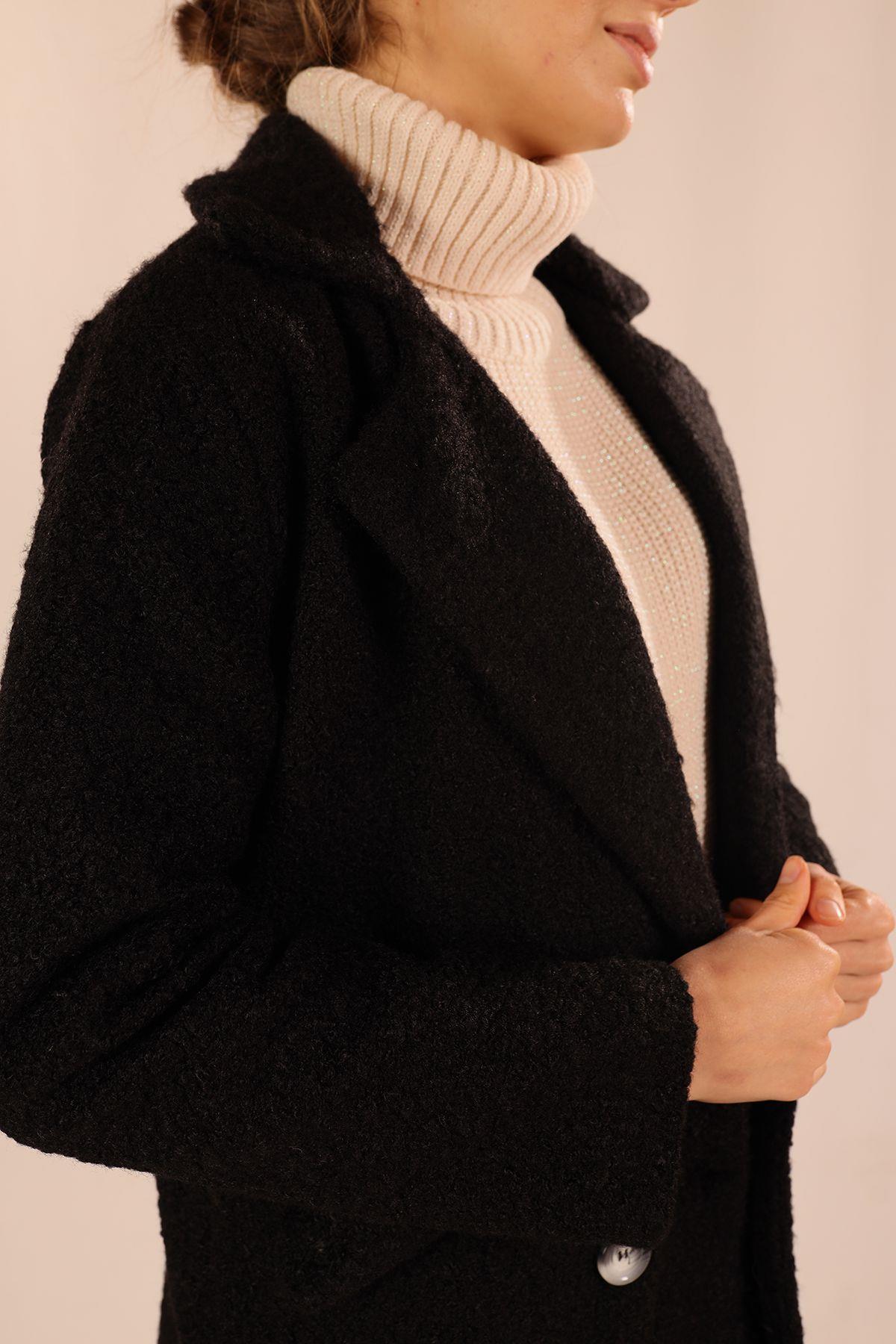 7266A Çift Düğme Cep Kapaklı Buklet Kaban Siyah - 8