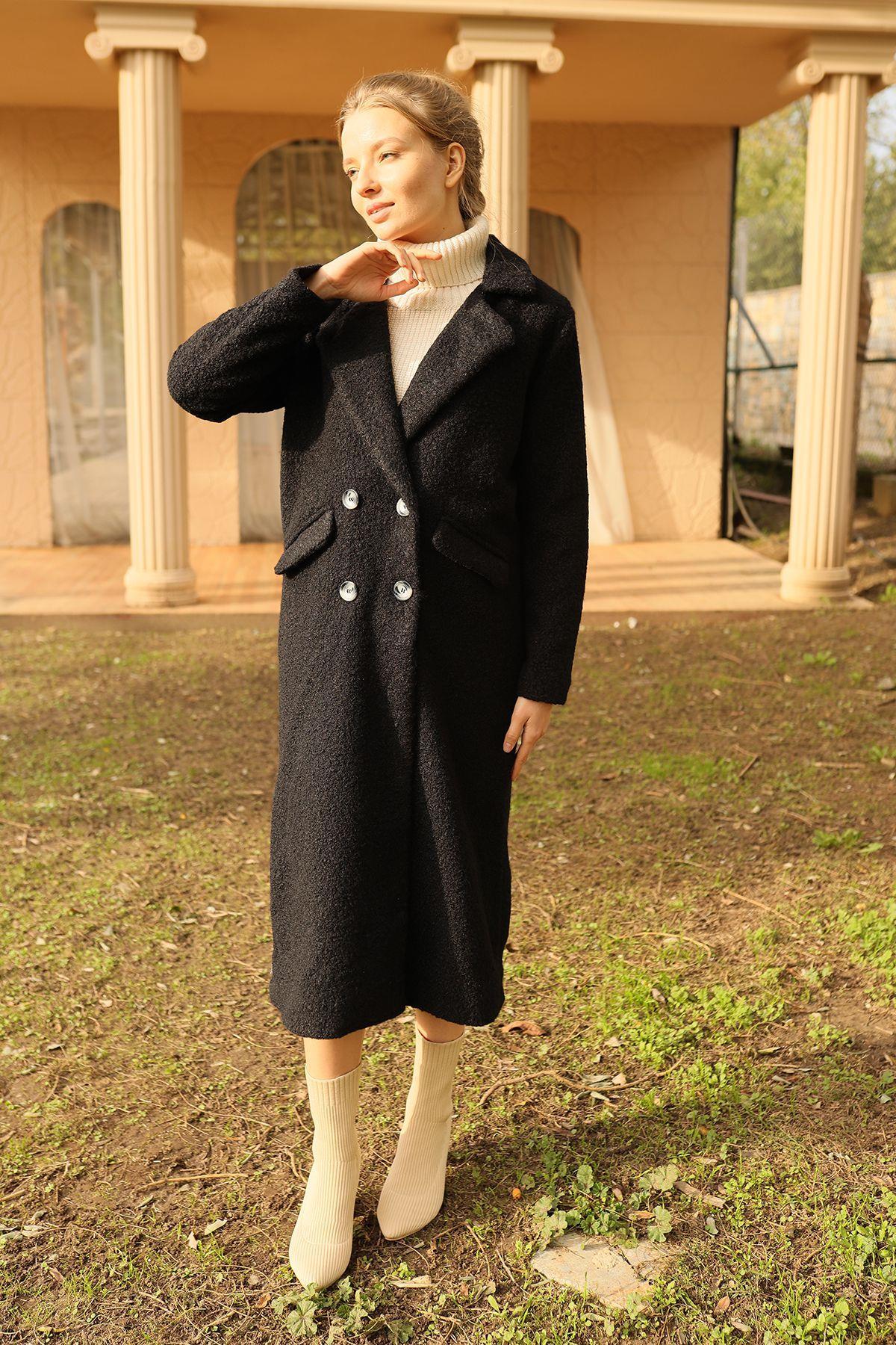 Siyah Çift Düğme Cep Kapaklı Buklet Kaban 7266A - 3