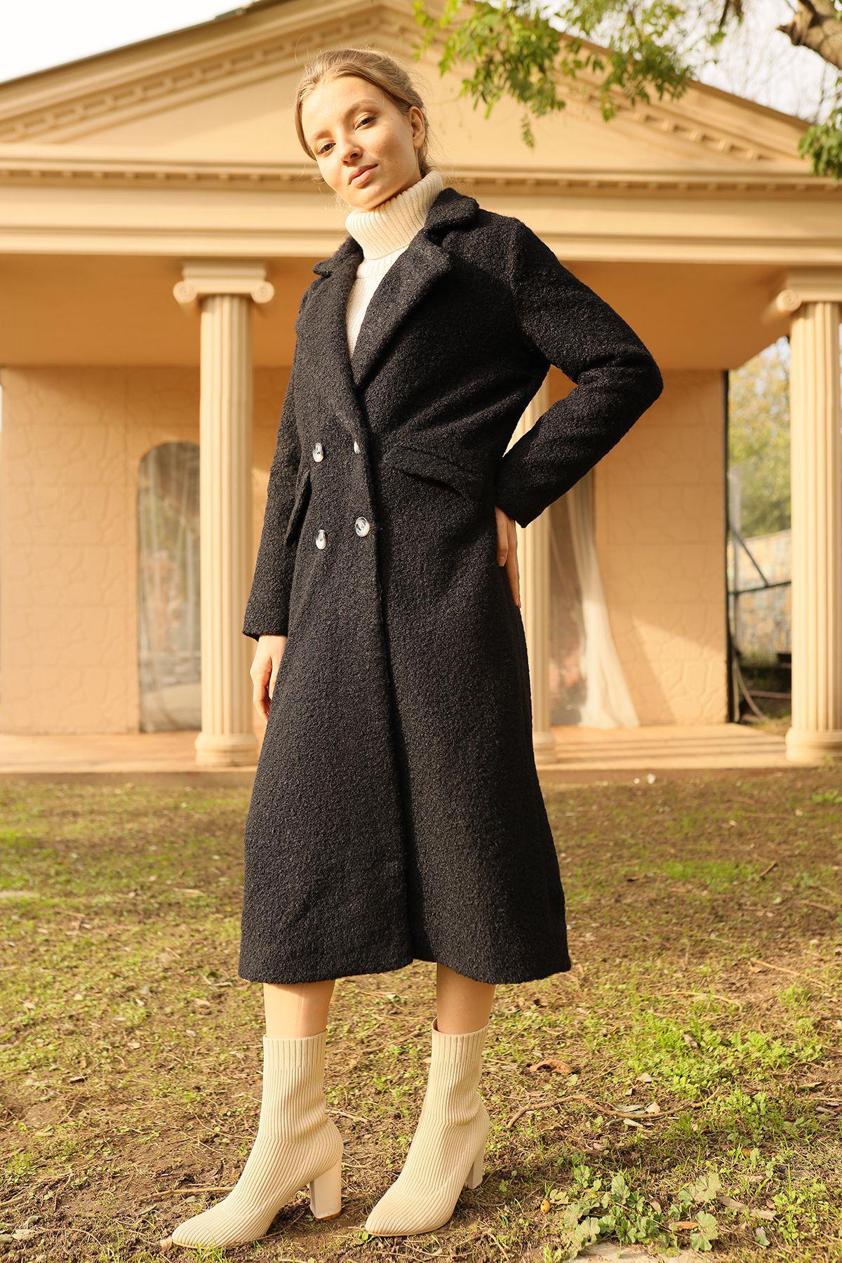 Siyah Çift Düğme Cep Kapaklı Buklet Kaban 7266A - 4