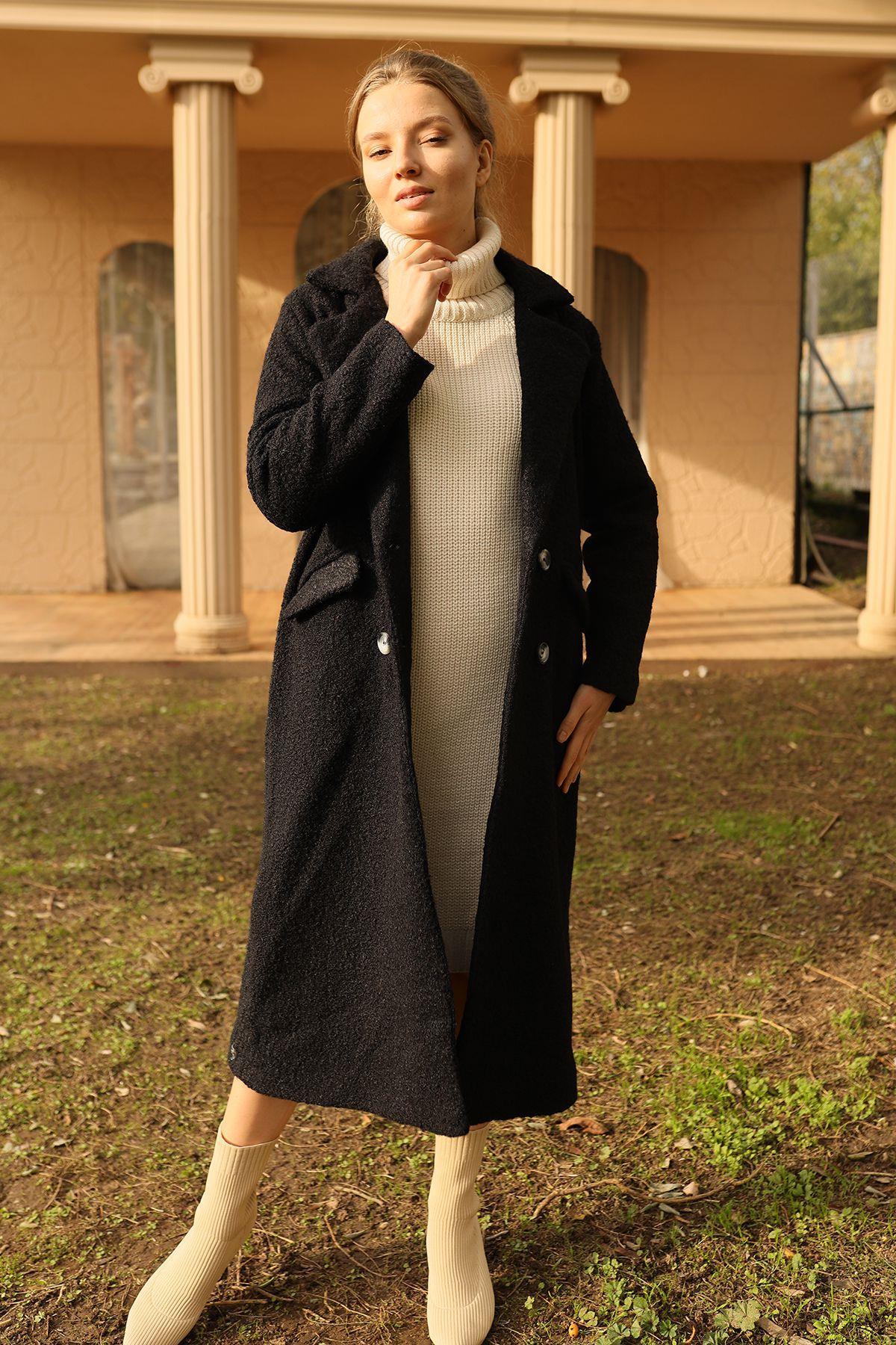 Siyah Çift Düğme Cep Kapaklı Buklet Kaban 7266A - 6