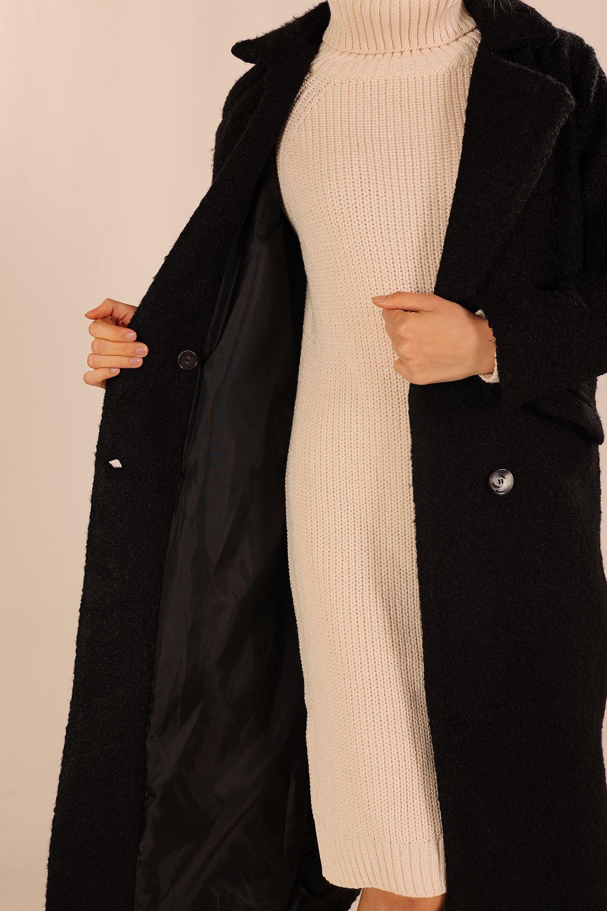 Siyah Çift Düğme Cep Kapaklı Buklet Kaban 7266A - 7