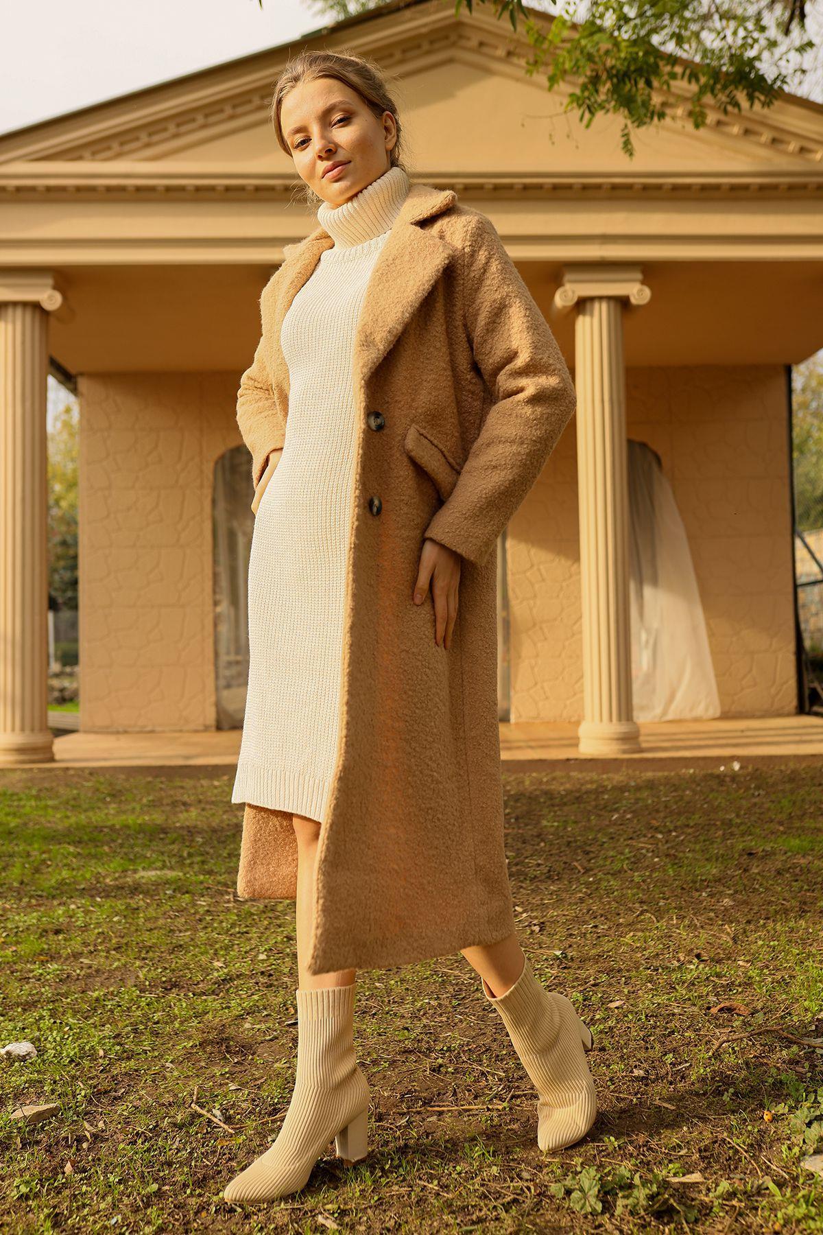 7266A Çift Düğme Cep Kapaklı Buklet Kaban Vizon 