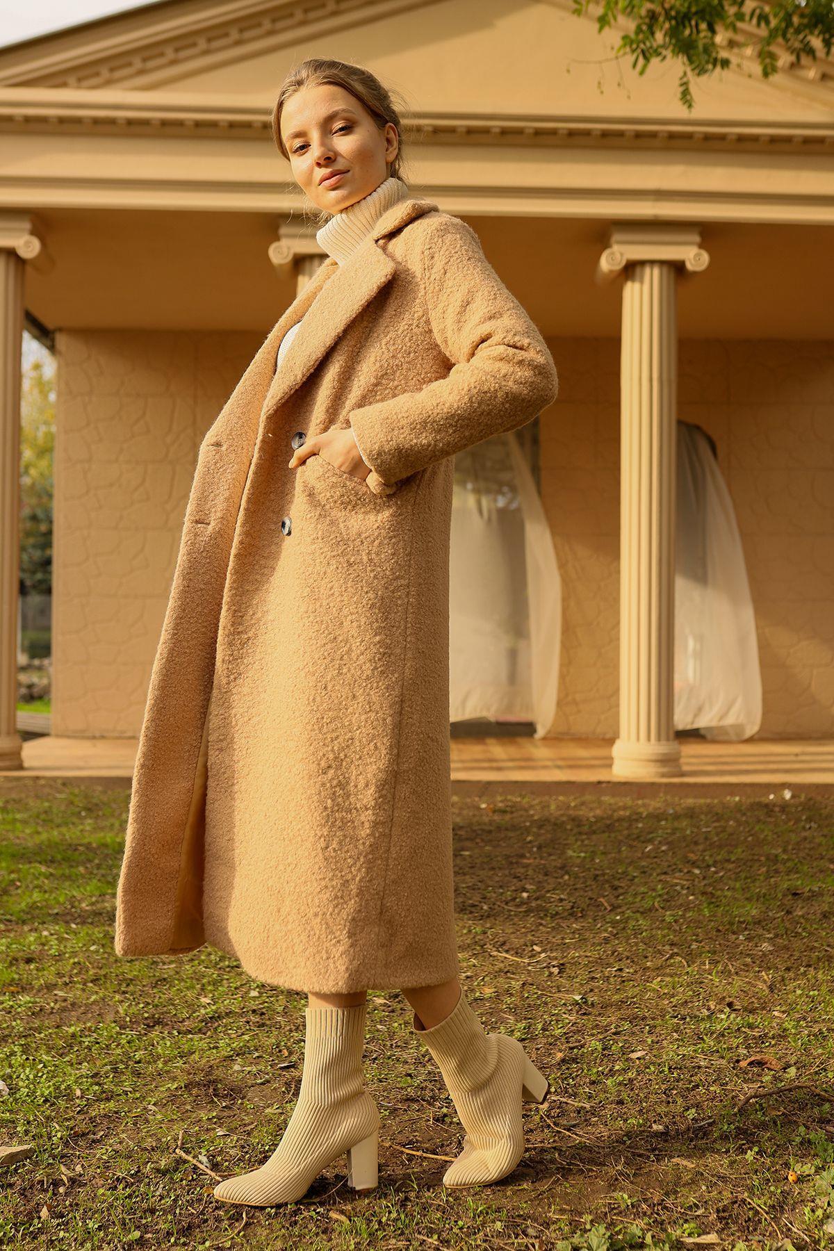 7266A Çift Düğme Cep Kapaklı Buklet Kaban Vizon - 3