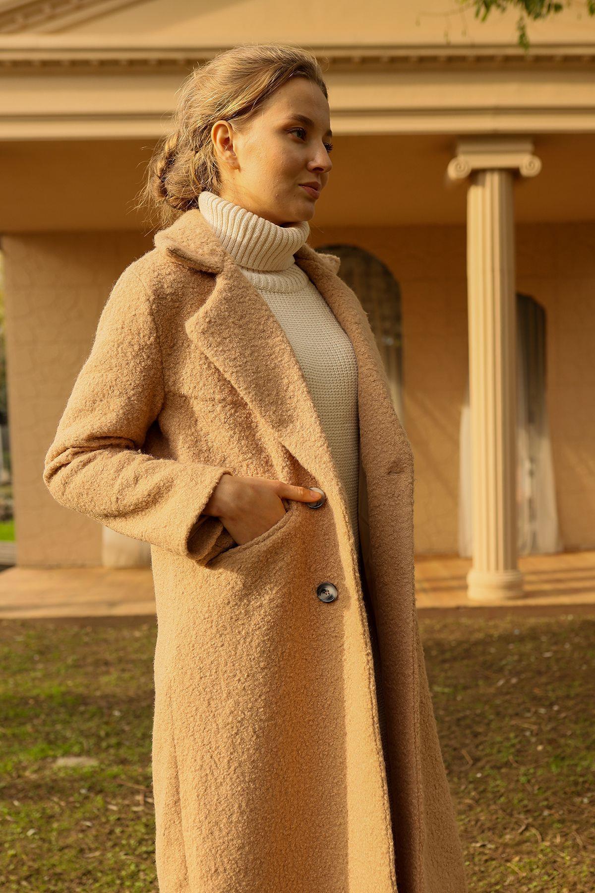 7266A Çift Düğme Cep Kapaklı Buklet Kaban Vizon - 4