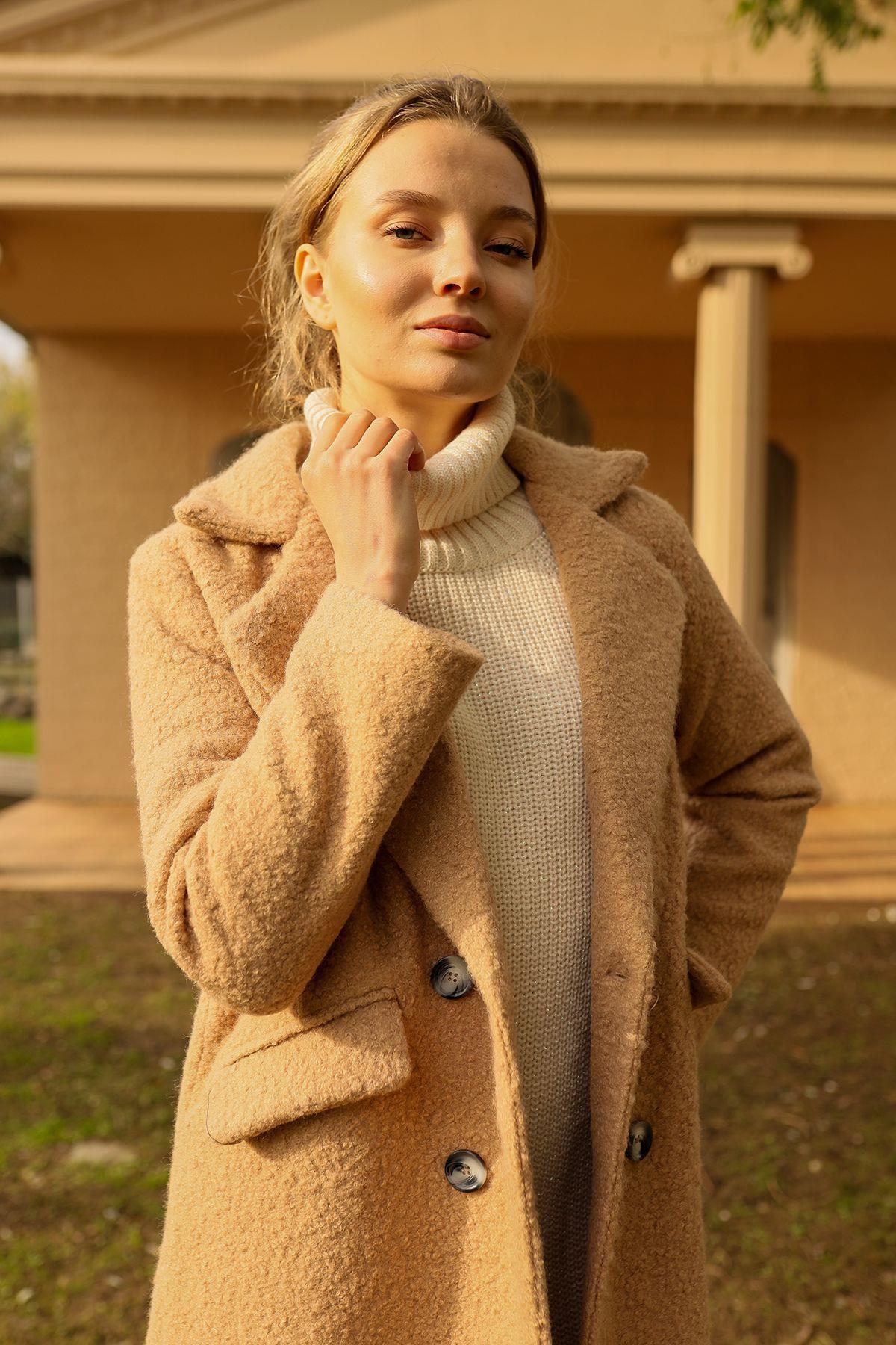 7266A Çift Düğme Cep Kapaklı Buklet Kaban Vizon - 5