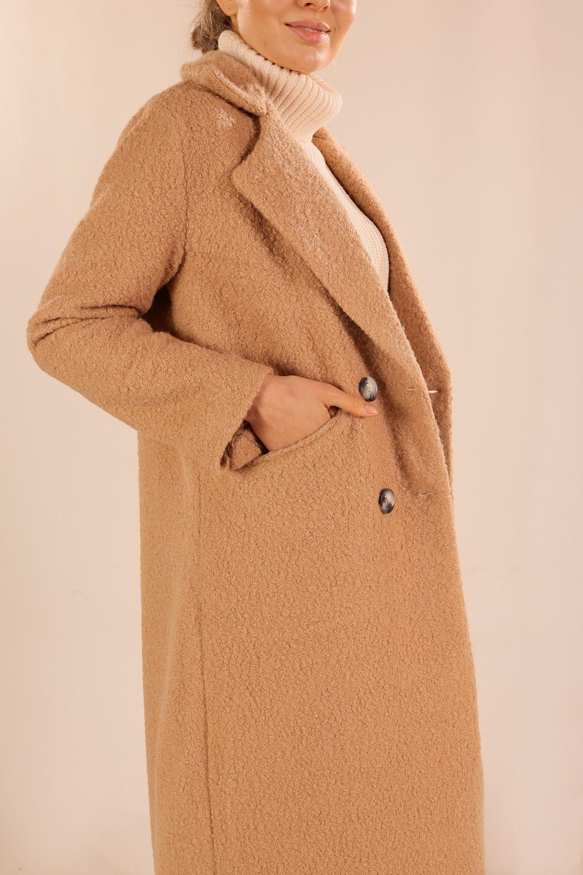 7266A Çift Düğme Cep Kapaklı Buklet Kaban Vizon - 7