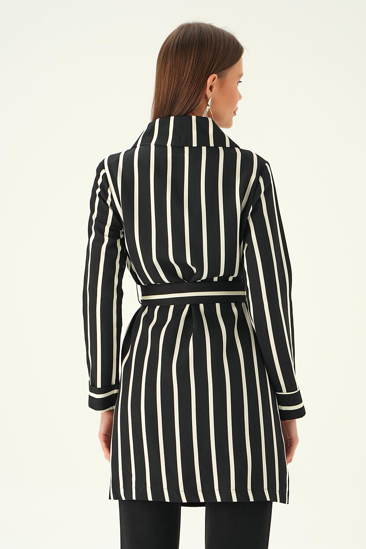 7274A Kemerli Uzun Ceket Siyah - 5