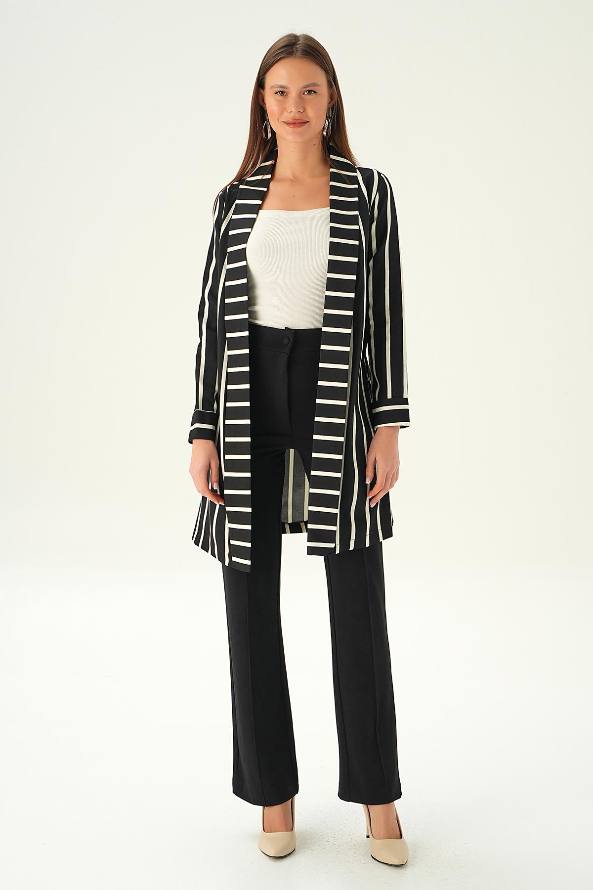 7274A Kemerli Uzun Ceket Siyah - 6