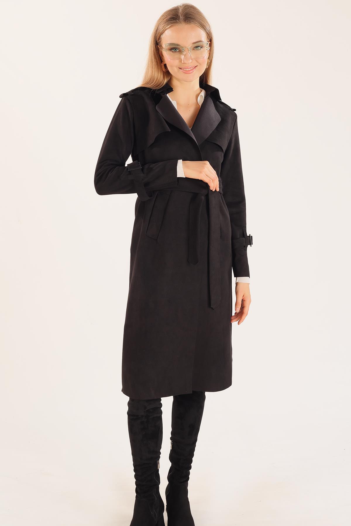 7275A Bel Bağlamalı Süet Trençkot Siyah - RAYS