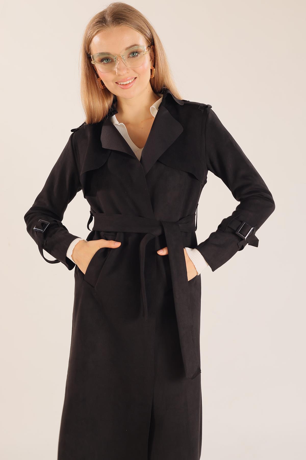 7275A Bel Bağlamalı Süet Trençkot Siyah - RAYS