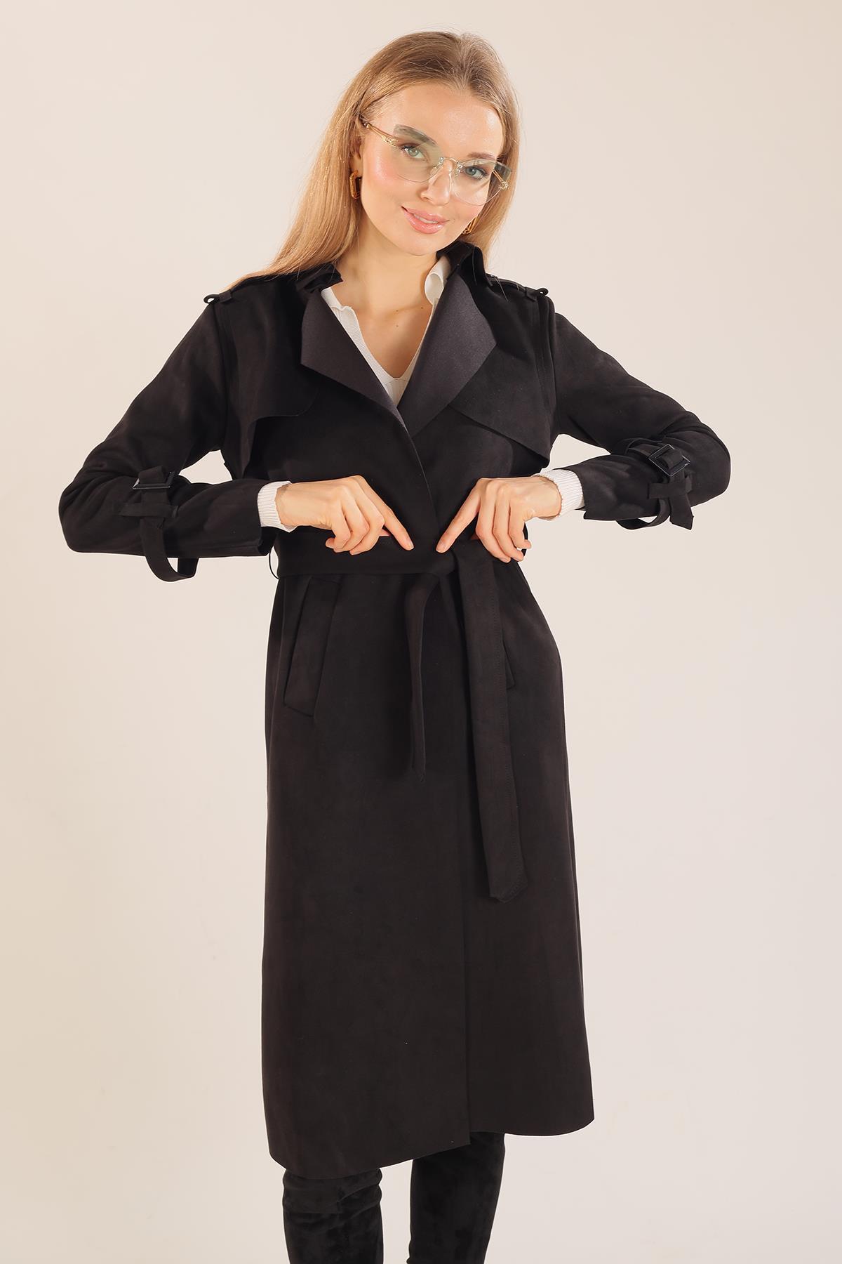 7275A Bel Bağlamalı Süet Trençkot Siyah 