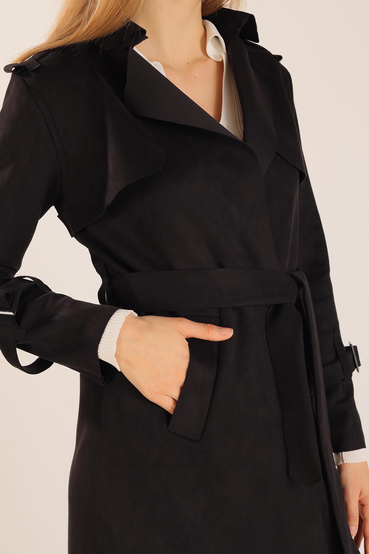 7275A Bel Bağlamalı Süet Trençkot Siyah - 4