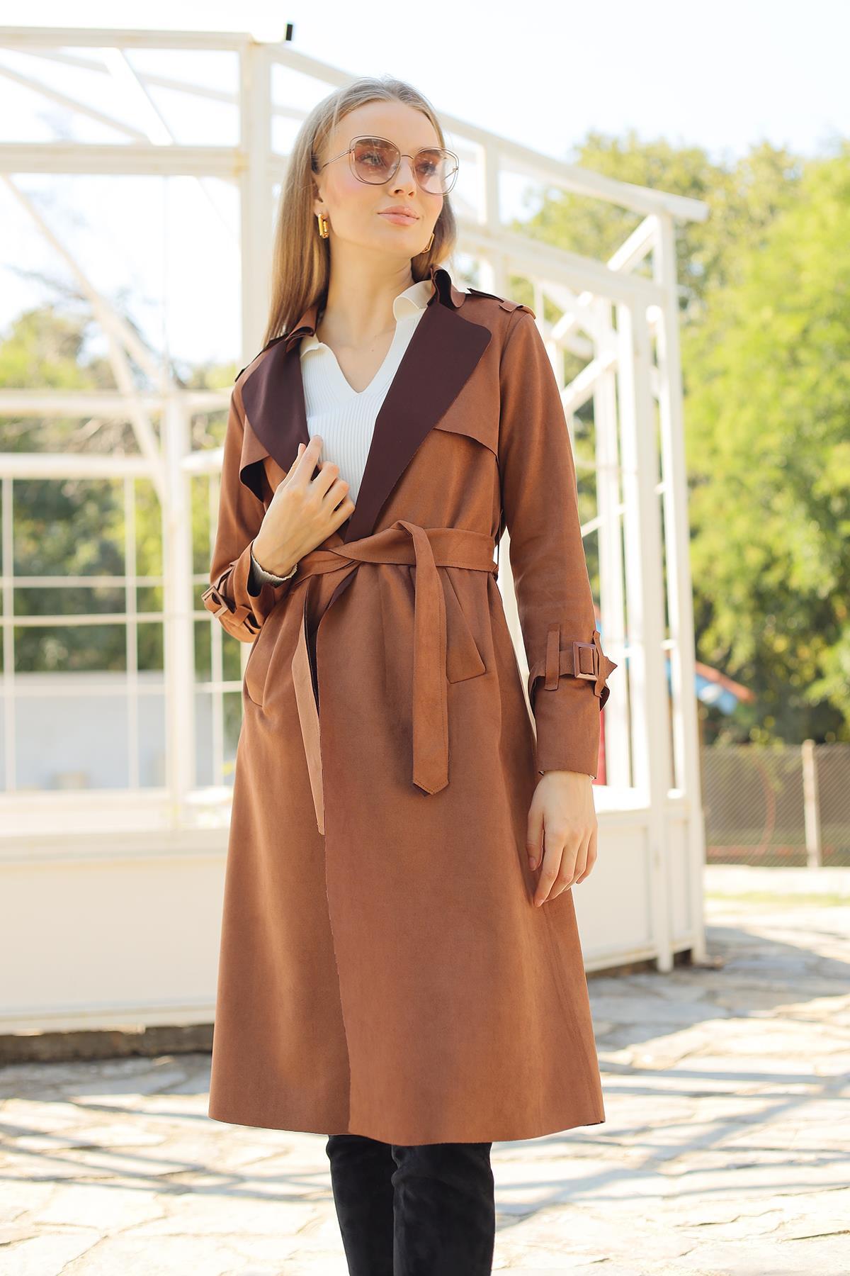 7275A Bel Bağlamalı Süet Trençkot Taba - RAYS