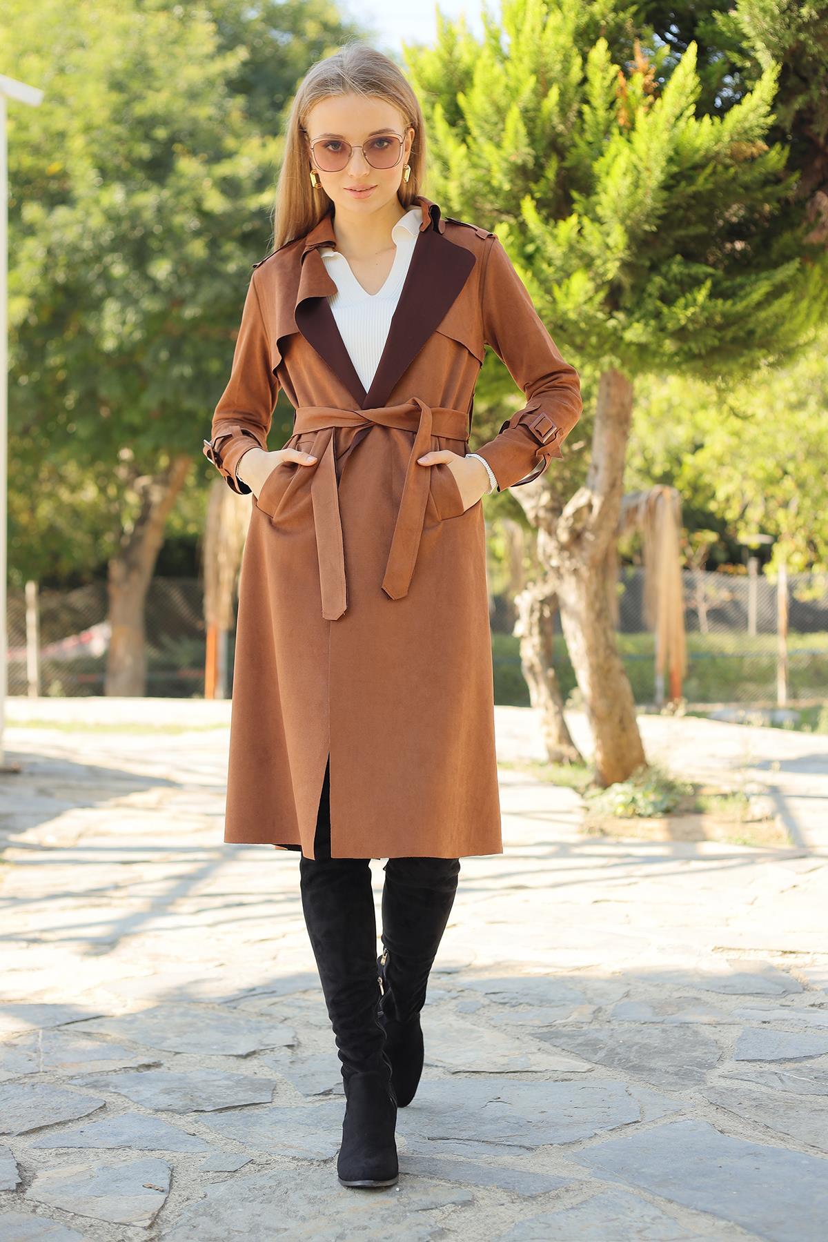 7275A Bel Bağlamalı Süet Trençkot Taba - RAYS
