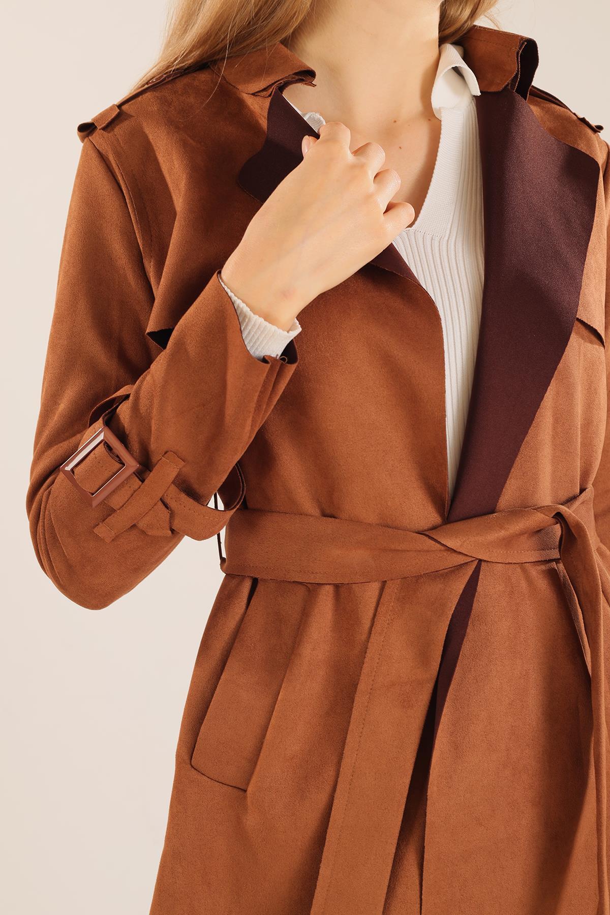 7275A Bel Bağlamalı Süet Trençkot Taba - RAYS