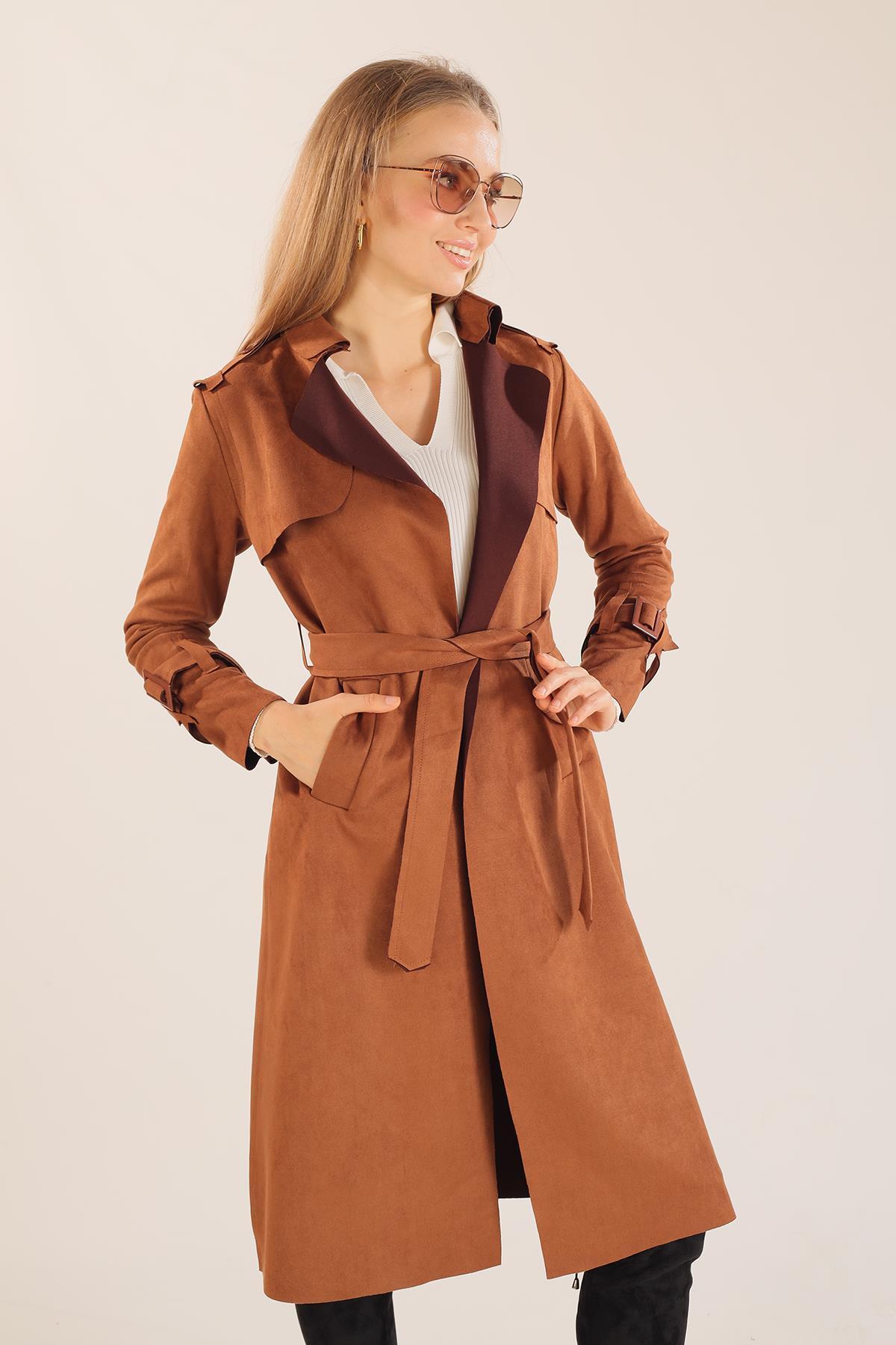 7275A Bel Bağlamalı Süet Trençkot Taba - RAYS