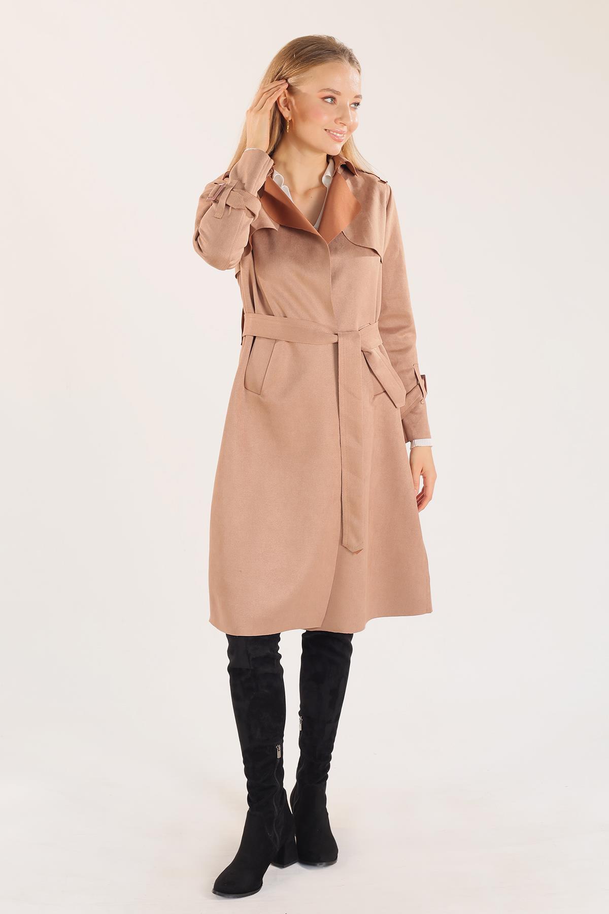 7275A Bel Bağlamalı Süet Trençkot Vizon - RAYS