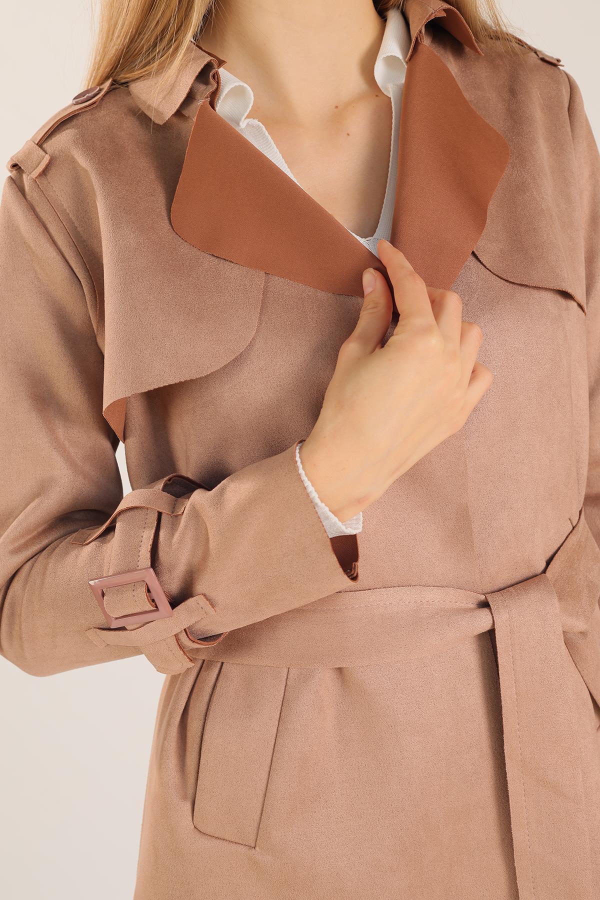 7275A Bel Bağlamalı Süet Trençkot Vizon - RAYS