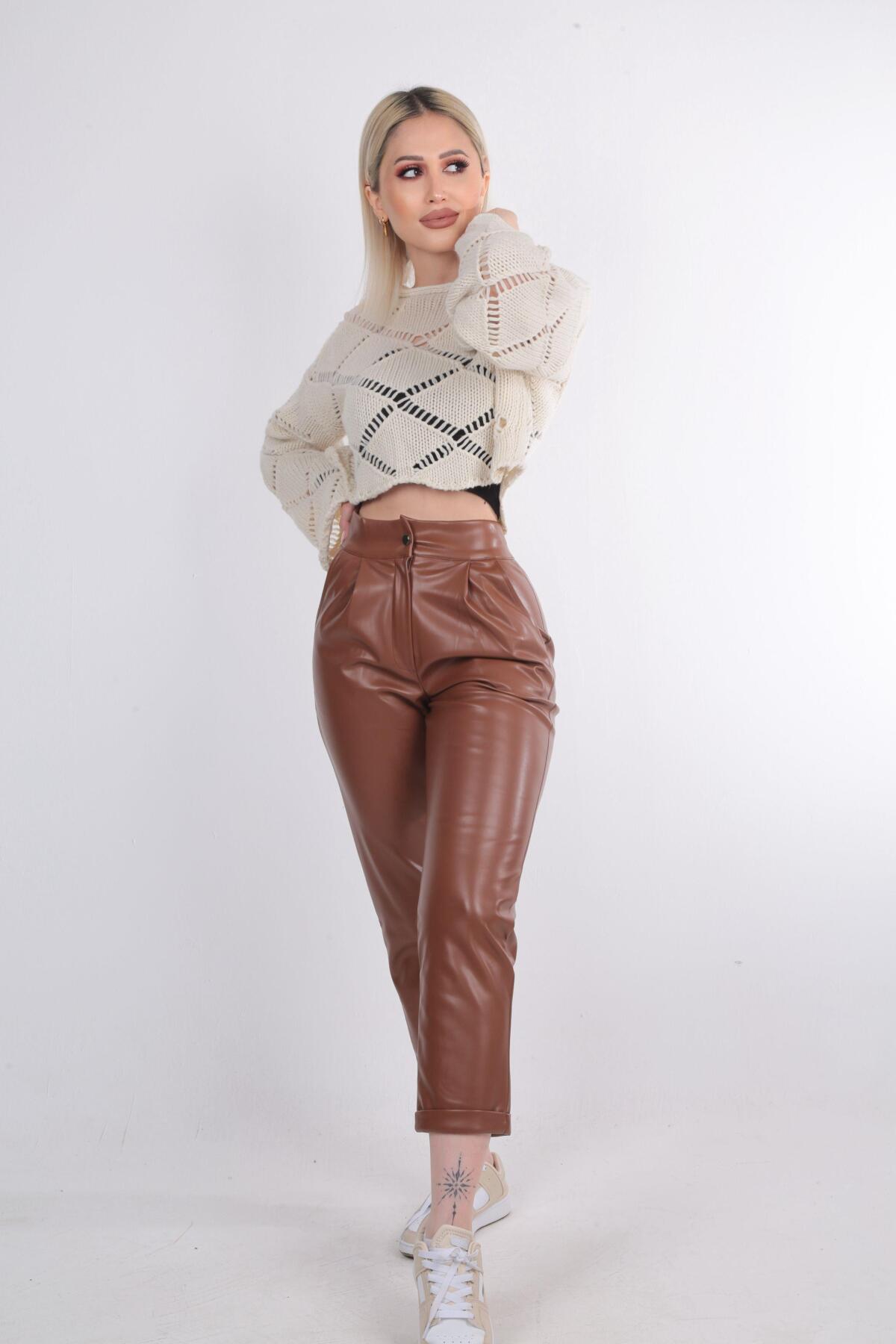 Taba Pile Detay Deri Pantolon 7276A 