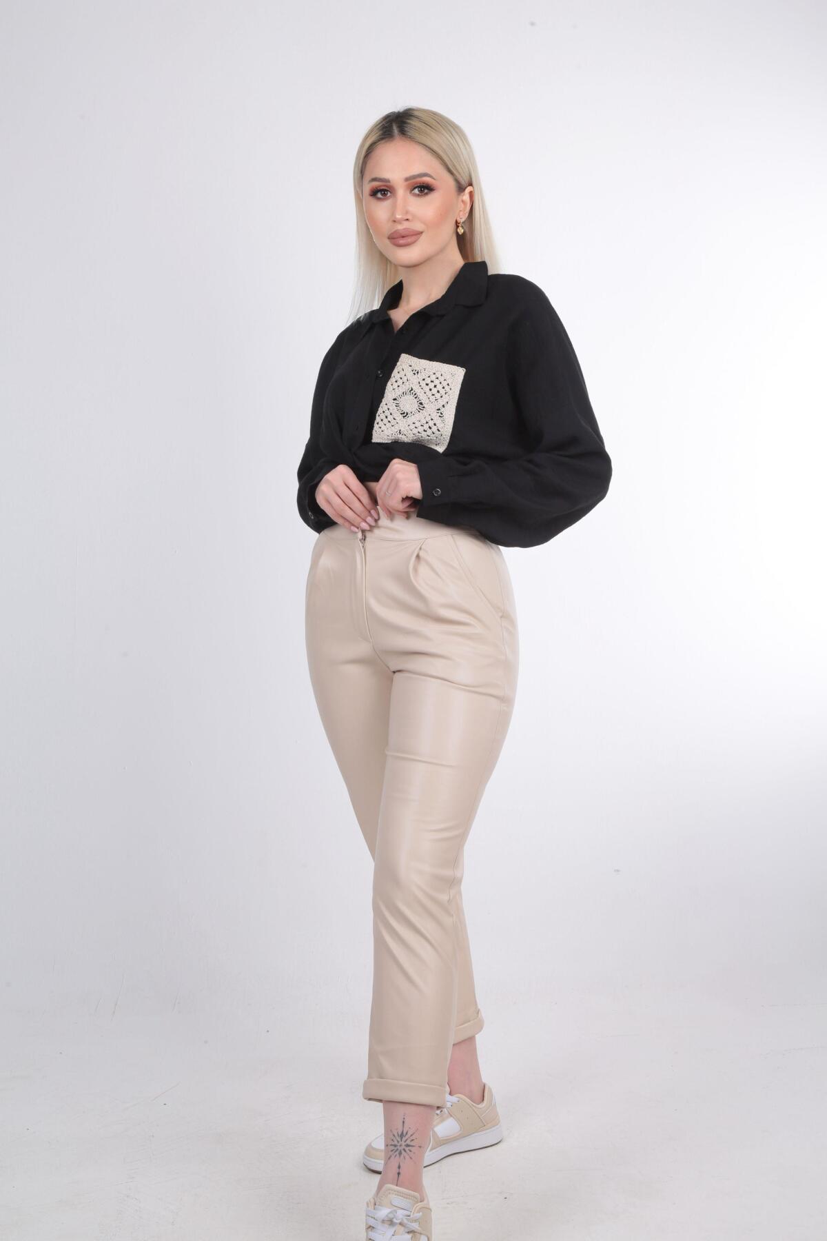 Taş Pile Detay Deri Pantolon 7276A - 2