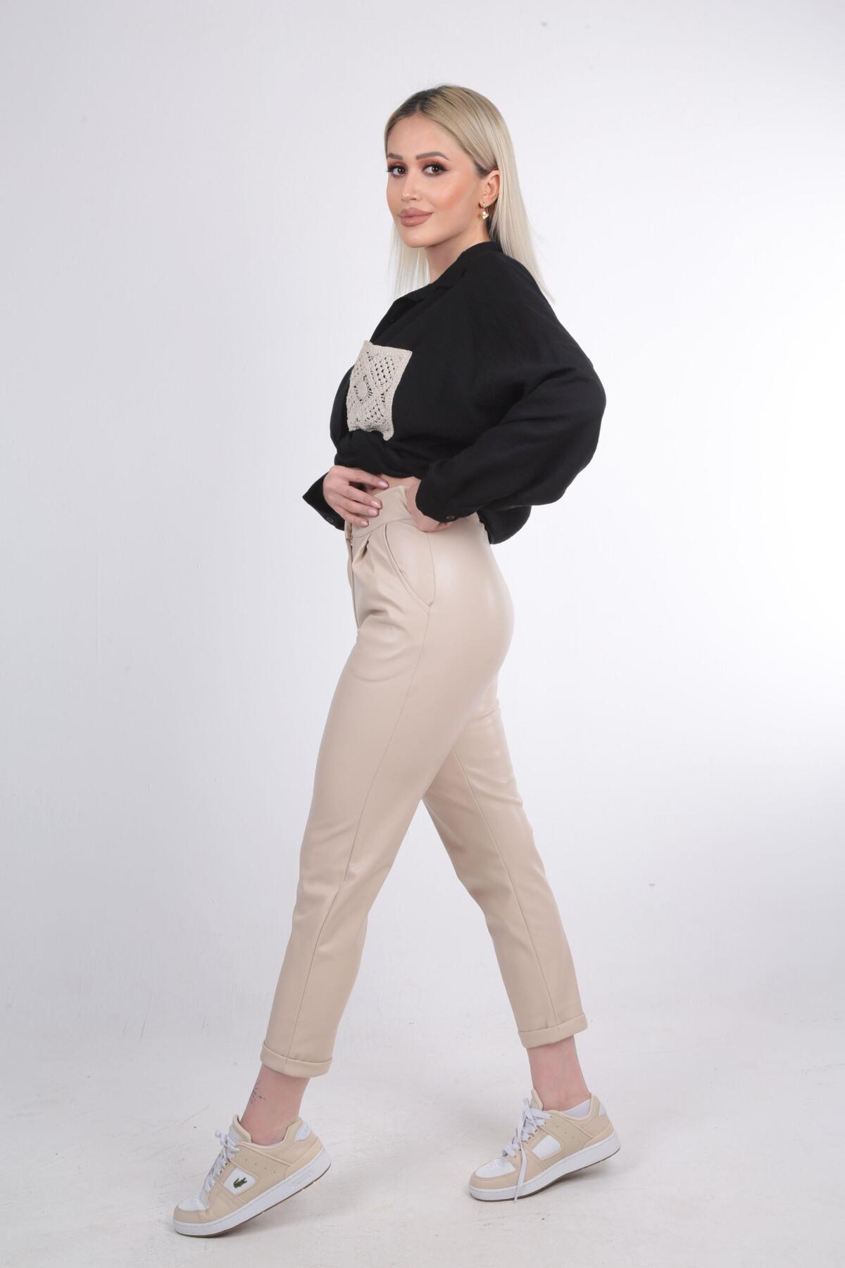 Taş Pile Detay Deri Pantolon 7276A - 4