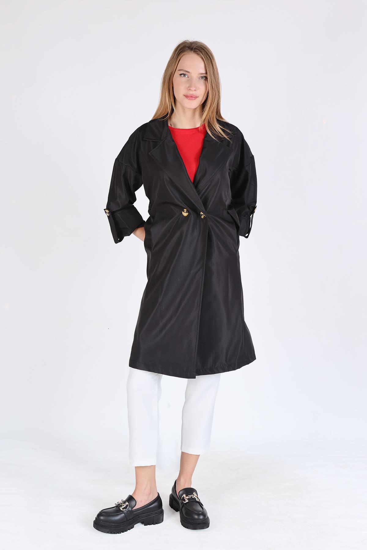 Siyah Bel Bağlamalı Trençkot 7293A - RAYS