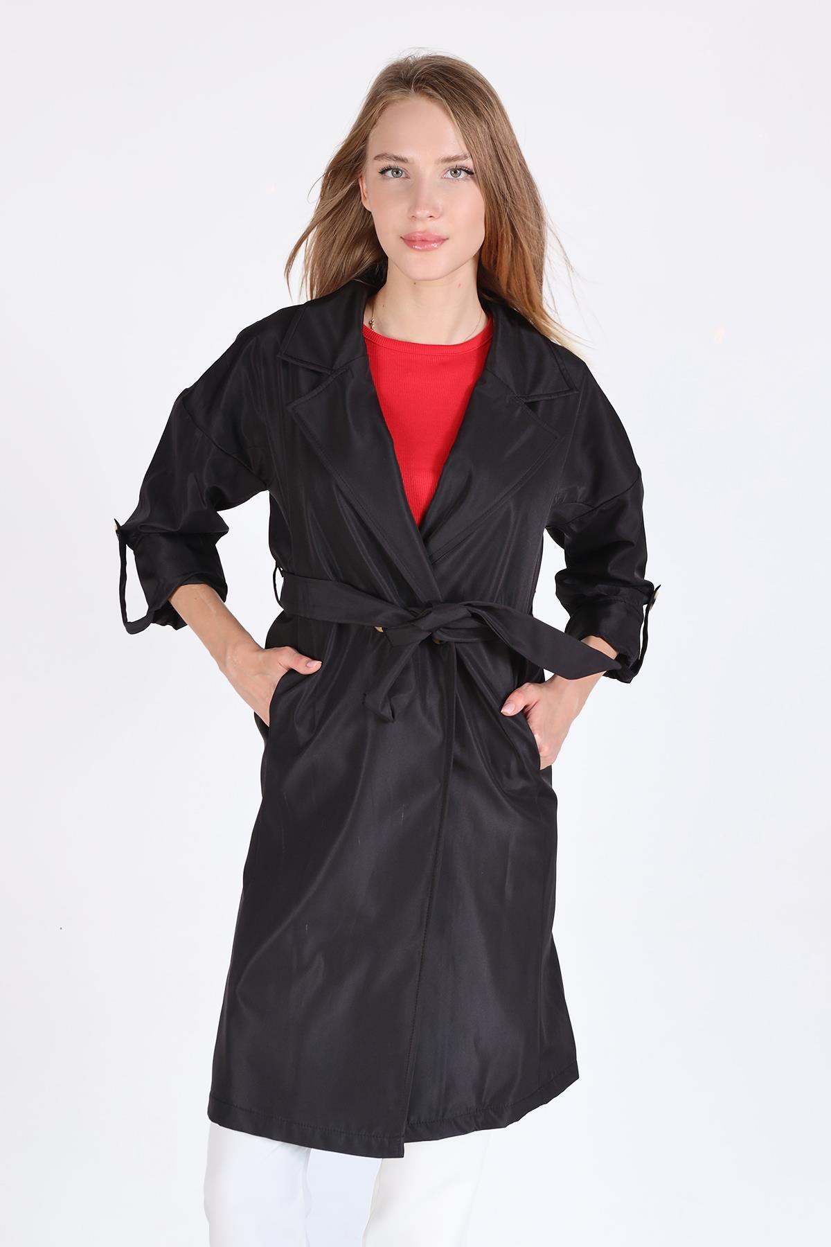 Siyah Bel Bağlamalı Trençkot 7293A - 1