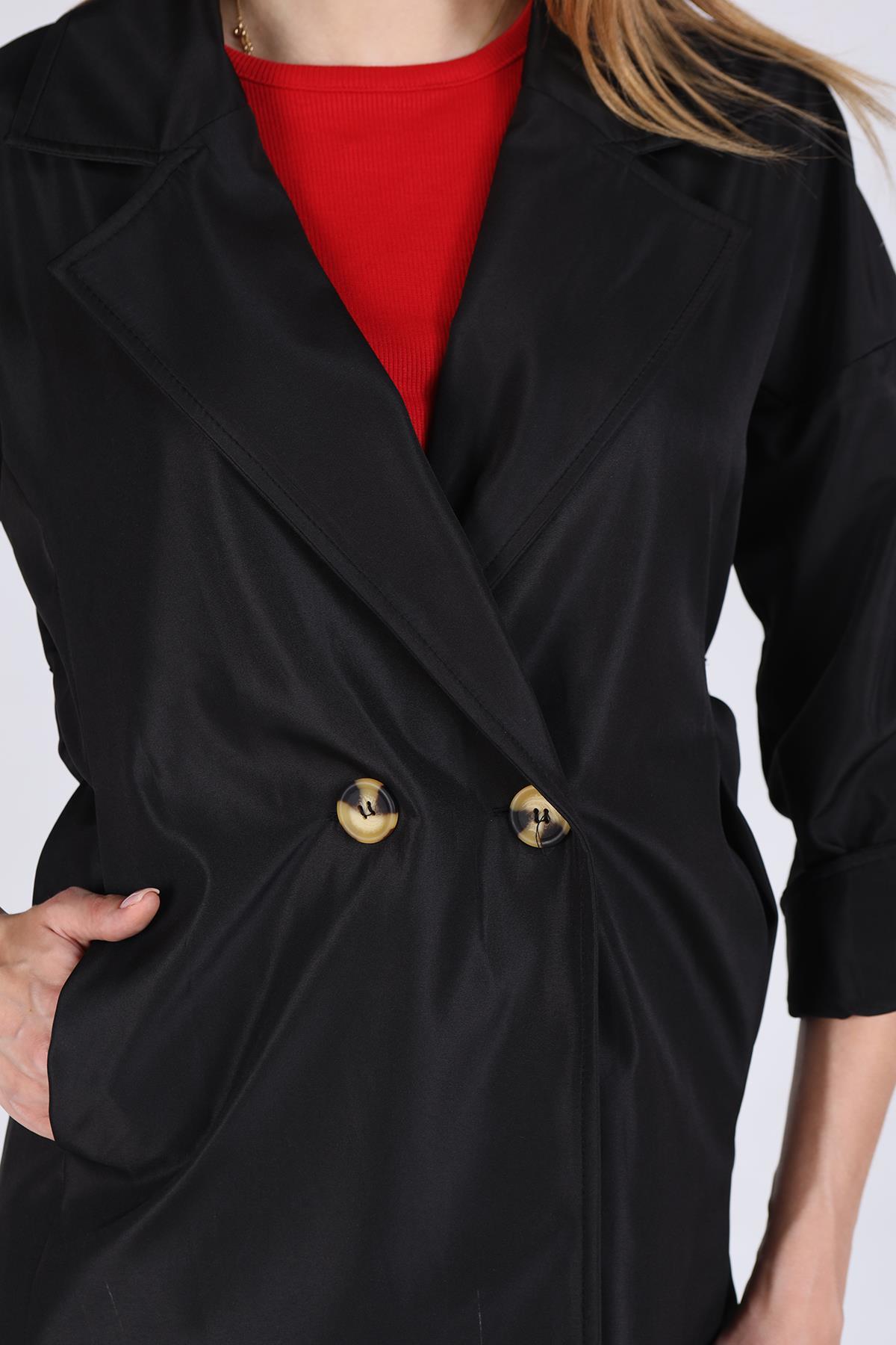 Siyah Bel Bağlamalı Trençkot 7293A - 4