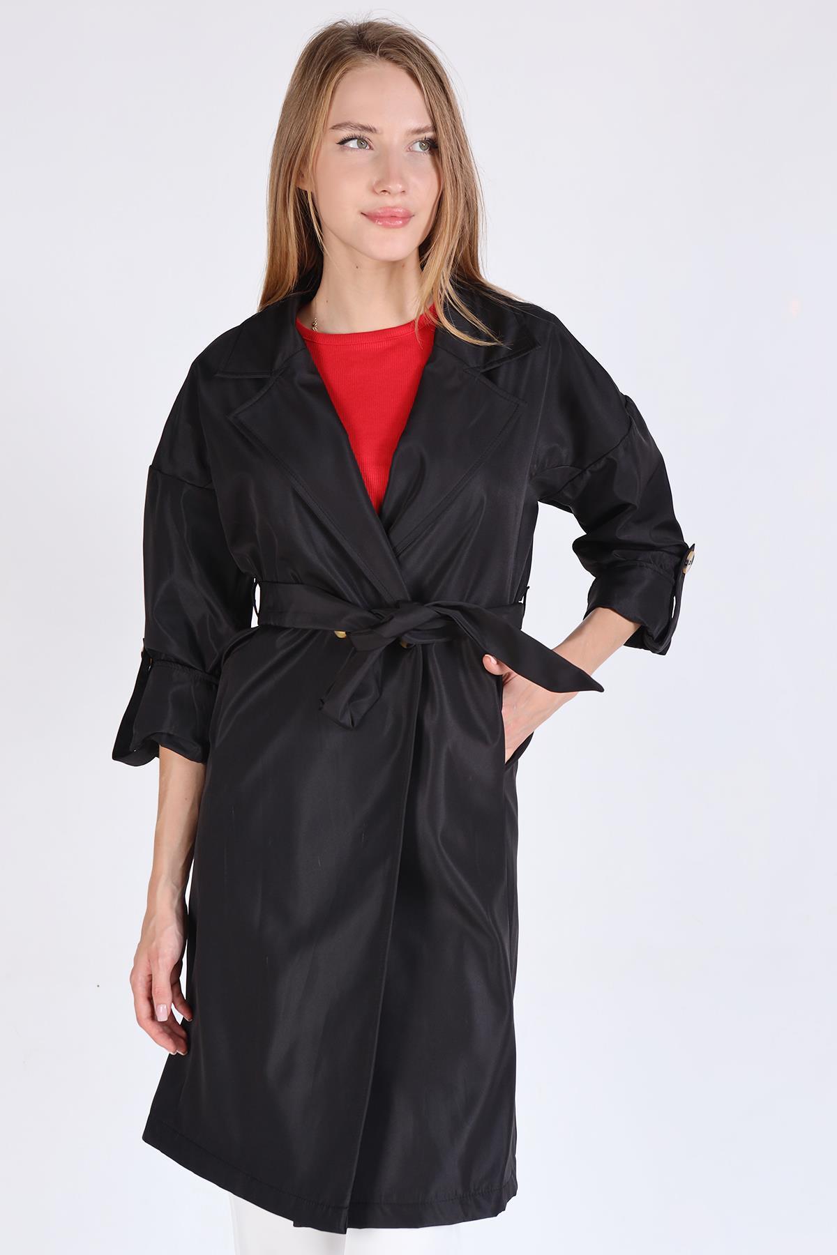 Siyah Bel Bağlamalı Trençkot 7293A - 6