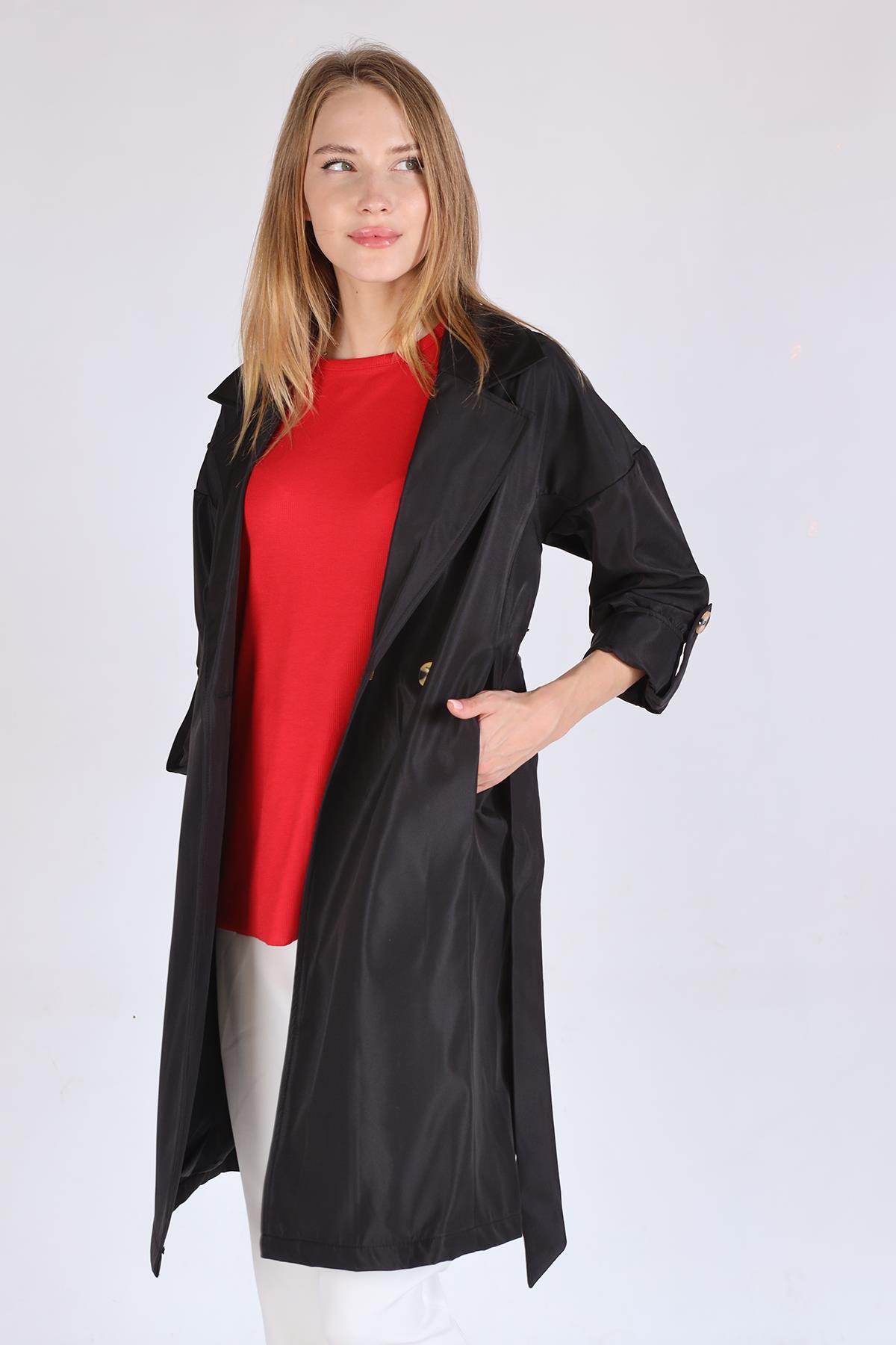 Siyah Bel Bağlamalı Trençkot 7293A - 7