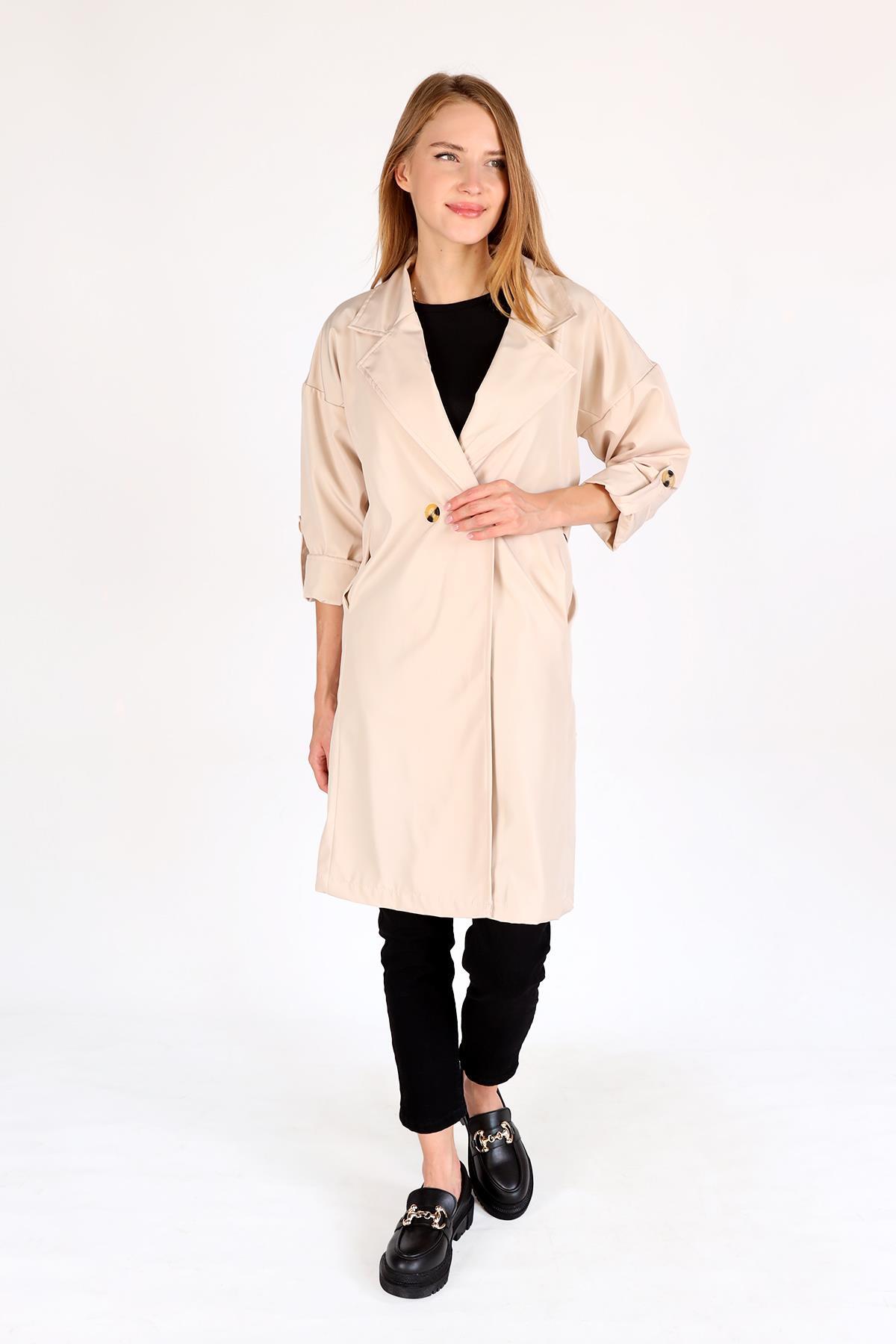 7293A Düğmeli Uzun Trençkot Taş - RAYS