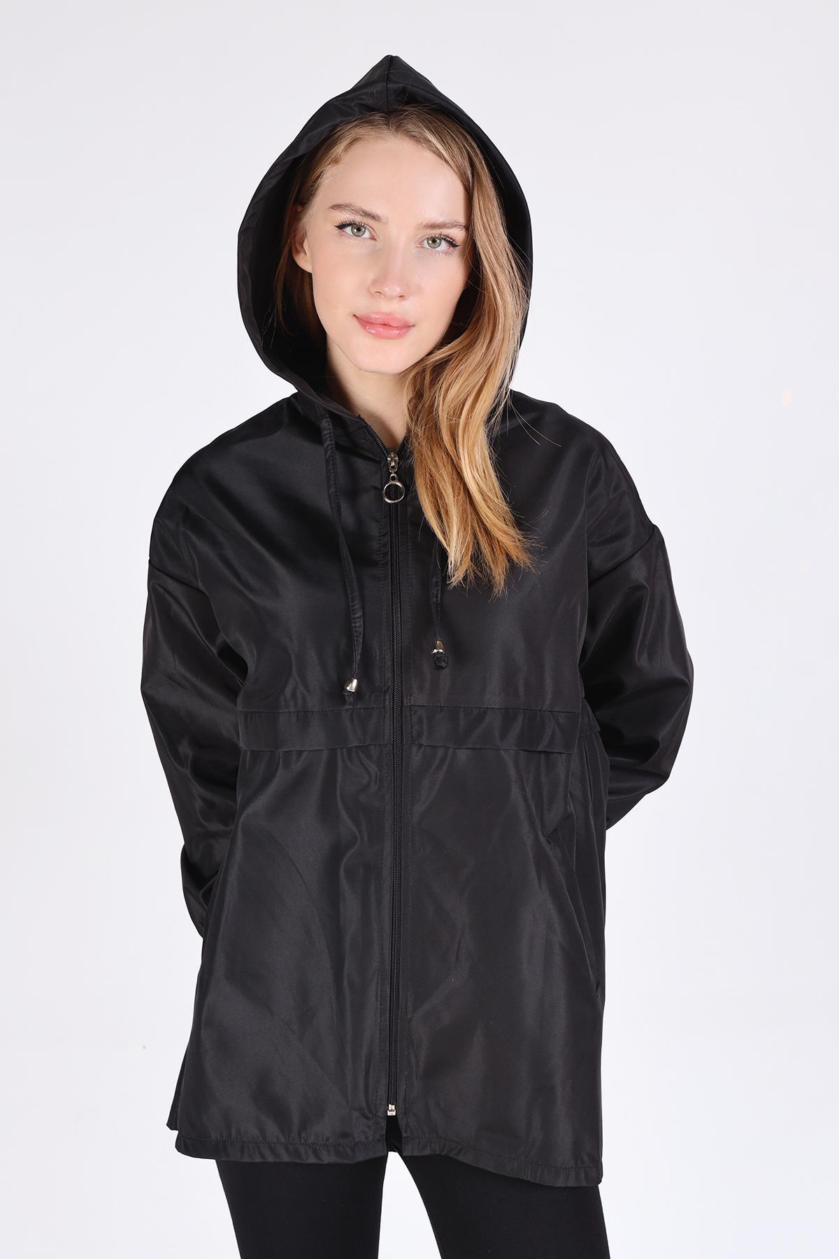 7312A Kapüşonlu Fermuarlı Kısa Kap Siyah - RAYS