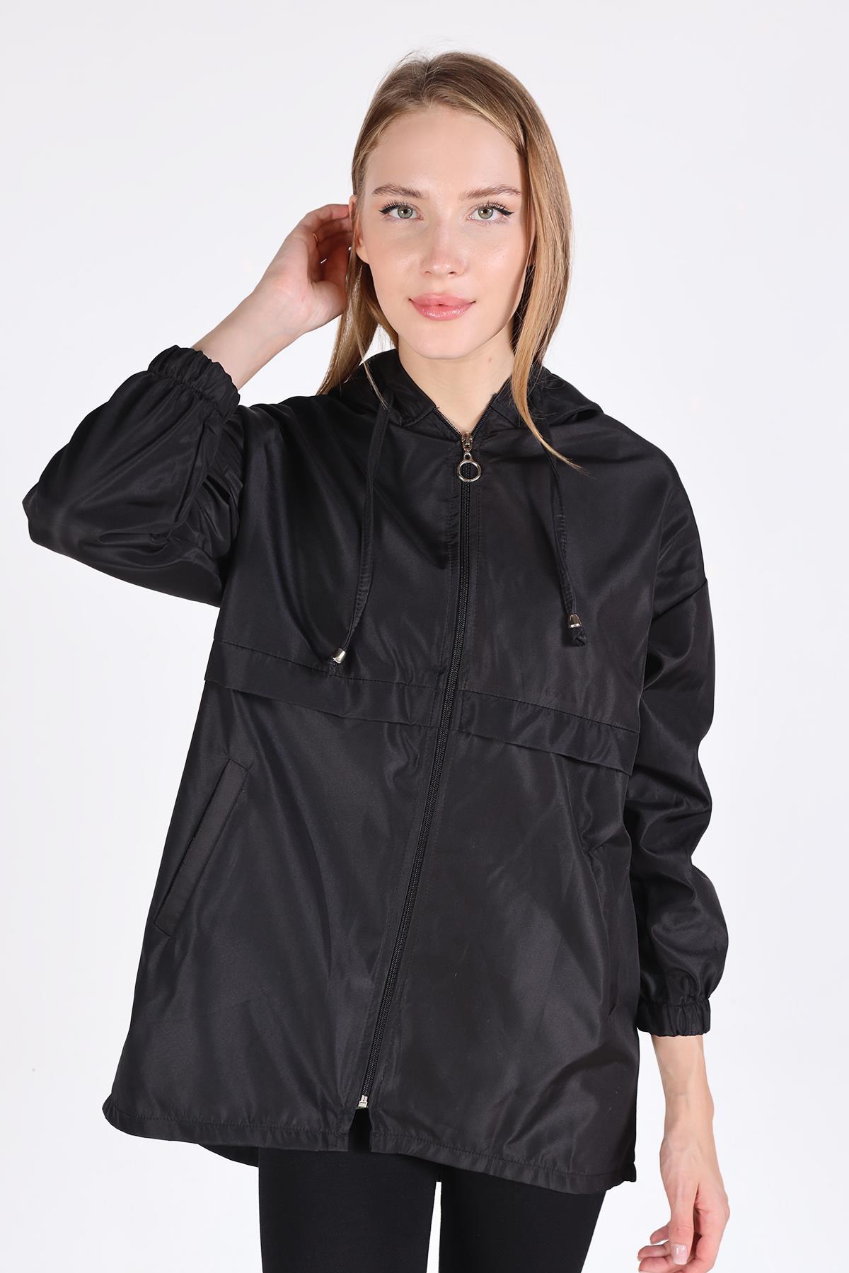 7312A Kapüşonlu Fermuarlı Kısa Kap Siyah - RAYS