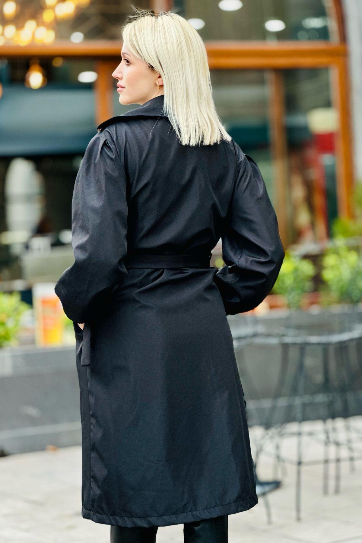 7307A Kemerli Balon Kol Trençkot Siyah - 4