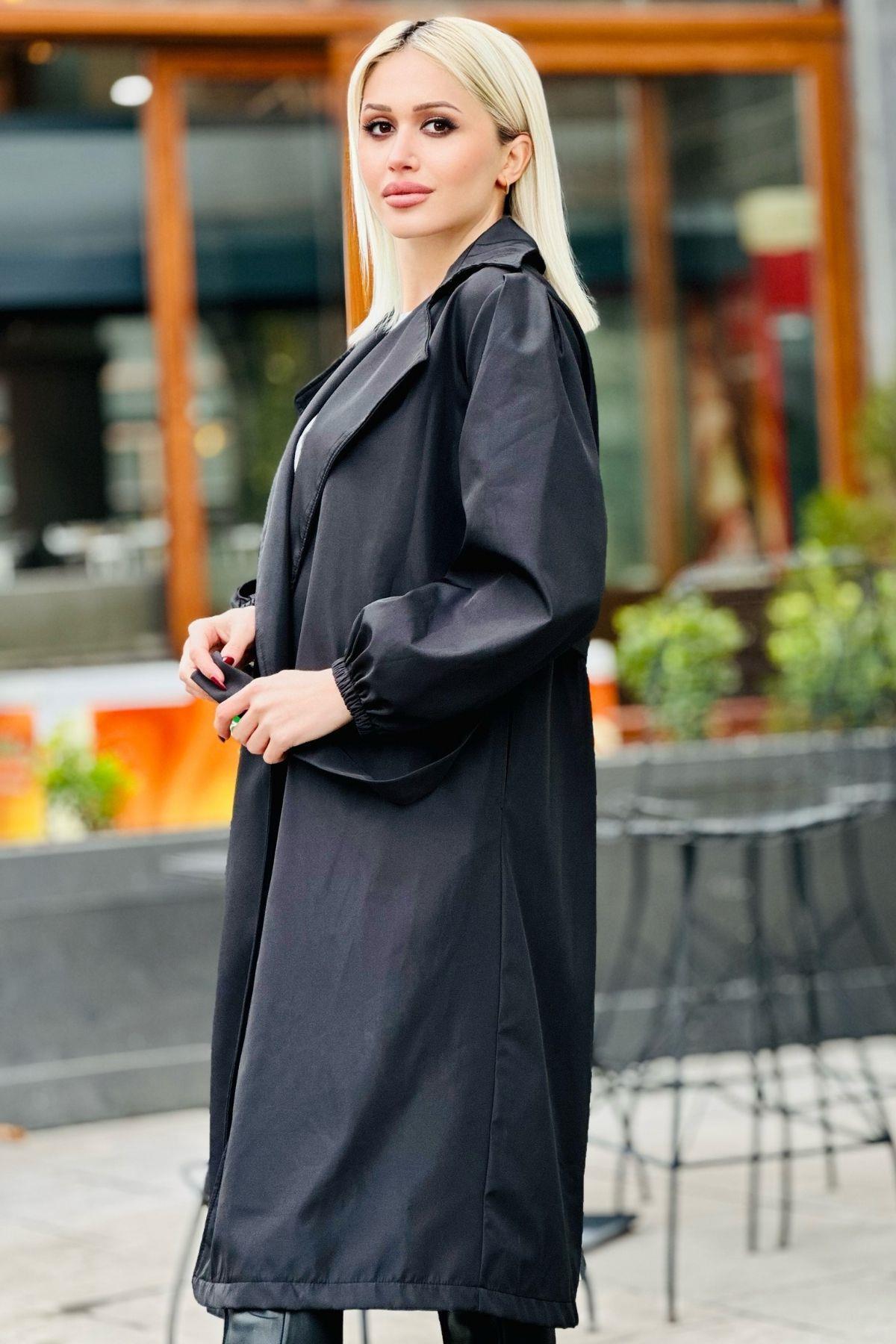 Siyah Kemerli Balon Kol Trençkot 7307A 