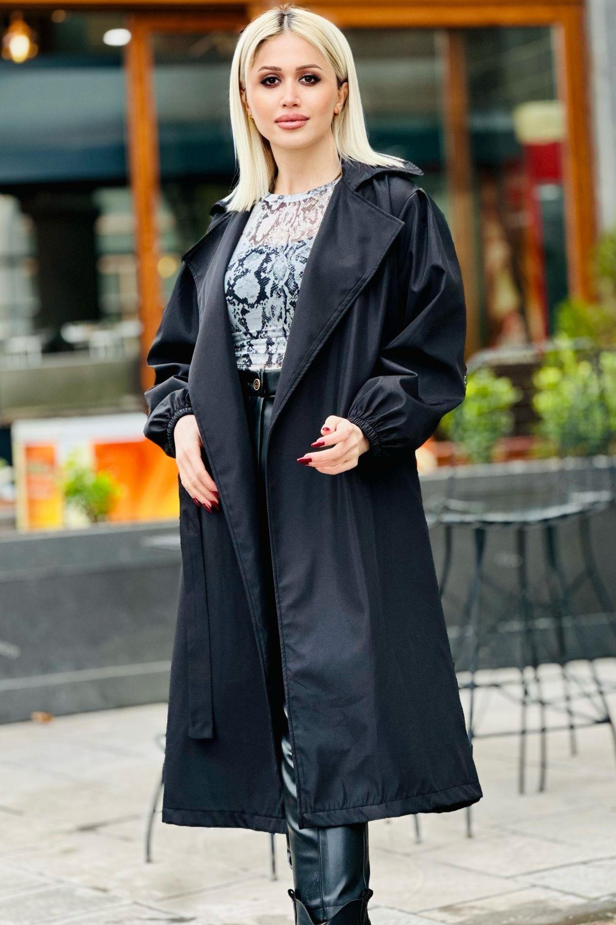 Siyah Kemerli Balon Kol Trençkot 7307A - 2