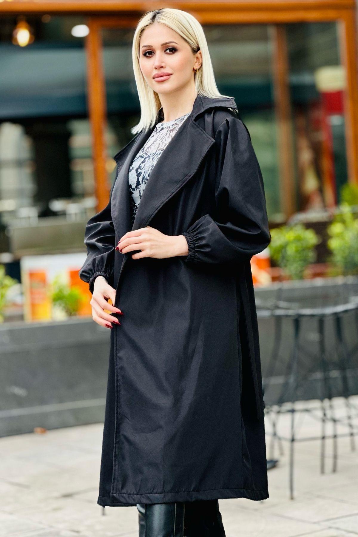 Siyah Kemerli Balon Kol Trençkot 7307A - 3