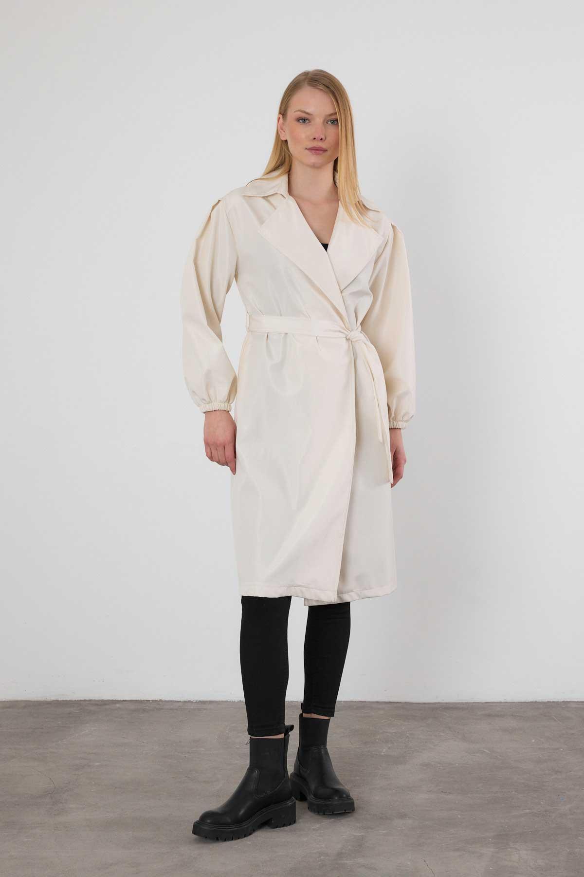 7307A Kemerli Balon Kol Trençkot Taş - 2