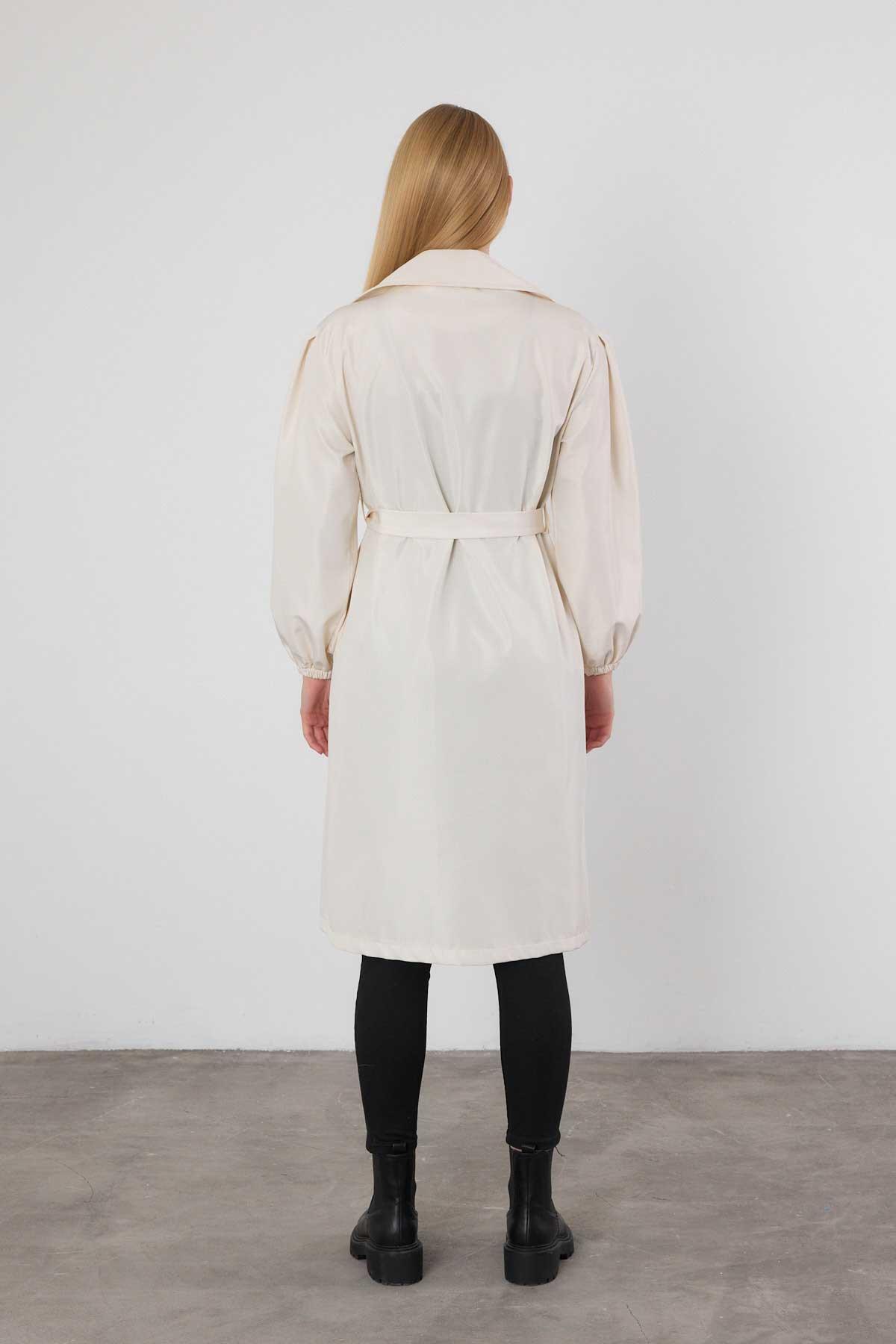 7307A Kemerli Balon Kol Trençkot Taş - 6