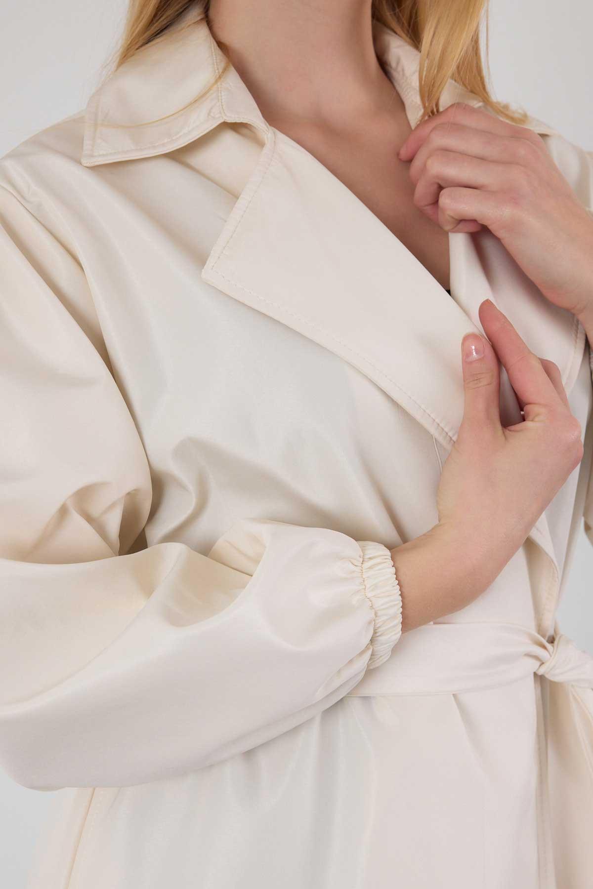 7307A Kemerli Balon Kol Trençkot Taş - 4