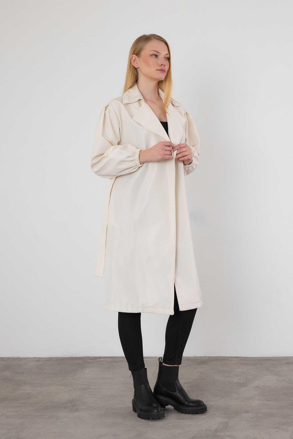 7307A Kemerli Balon Kol Trençkot Taş - 7