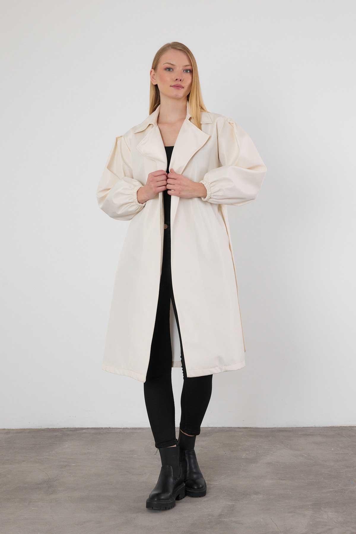 7307A Kemerli Balon Kol Trençkot Taş - RAYS