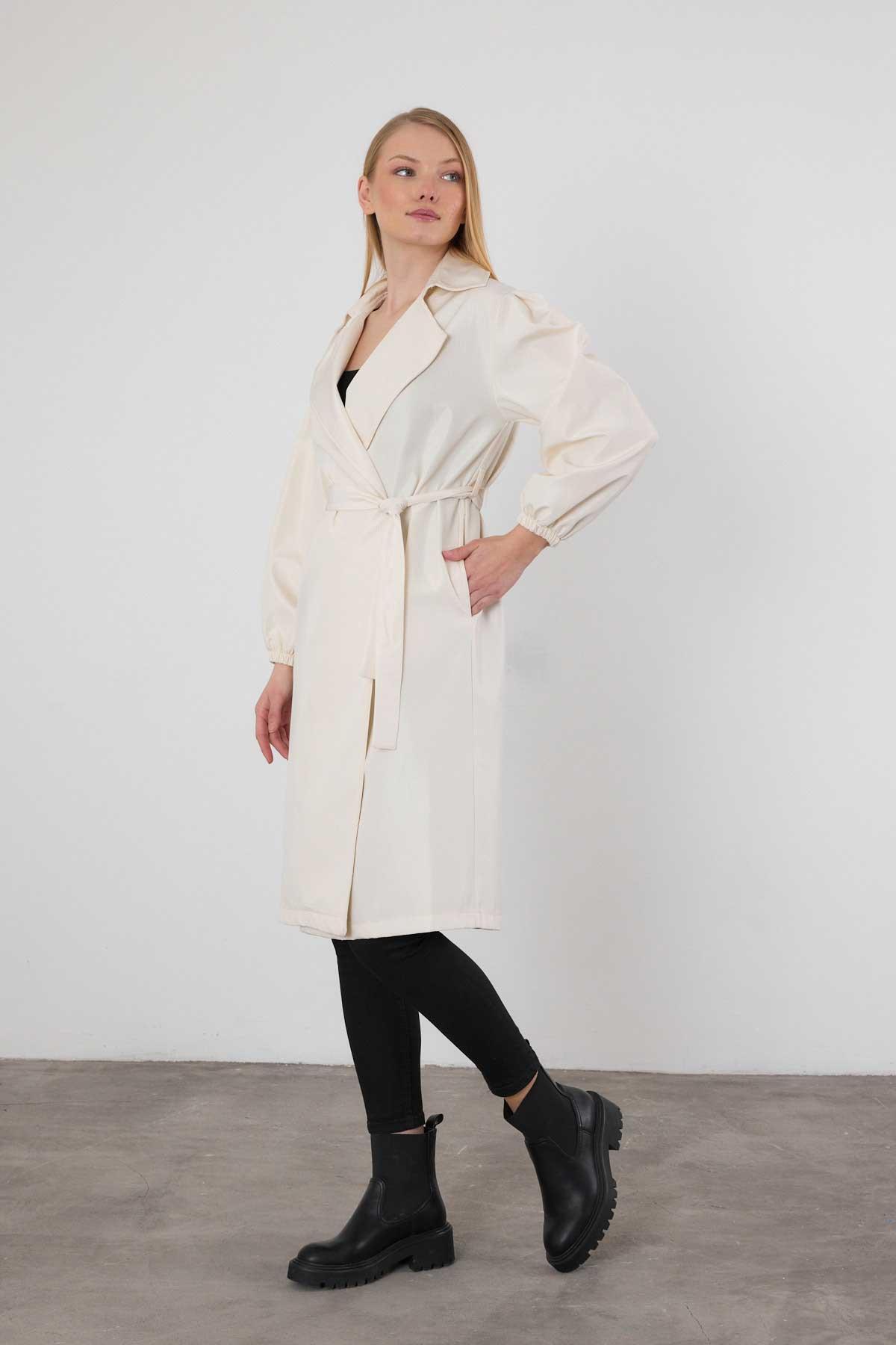 7307A Kemerli Balon Kol Trençkot Taş - RAYS