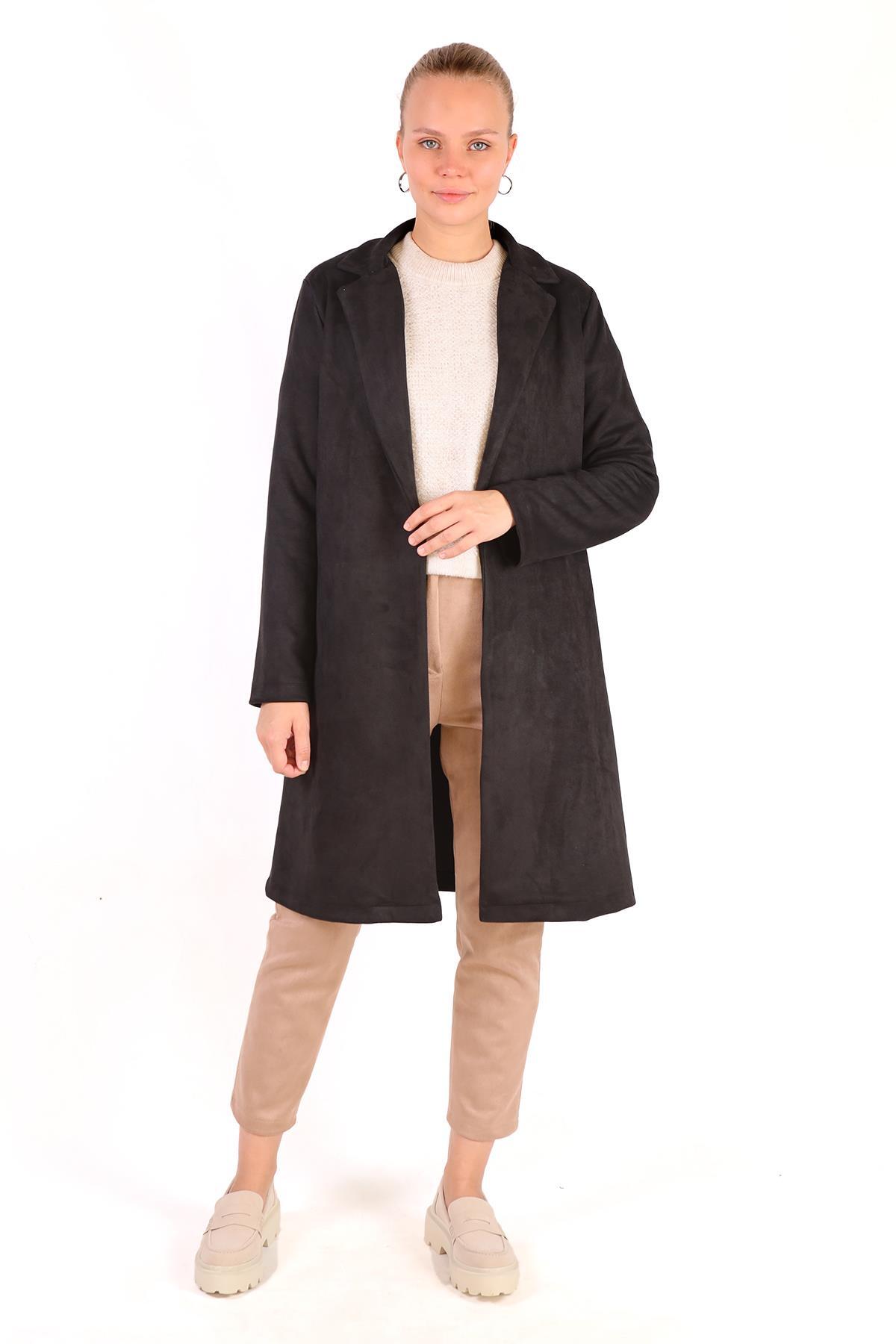 7317A Klasik Süet Trençkot Siyah 