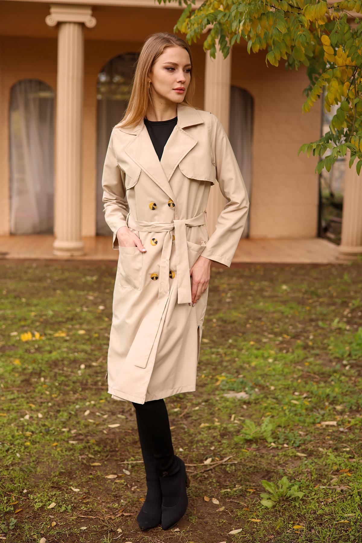 7318A Cepli Kemerli Trençkot Bej 