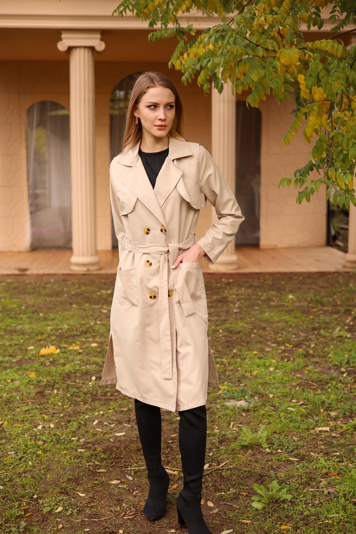 7318A Cepli Kemerli Trençkot Bej - 2